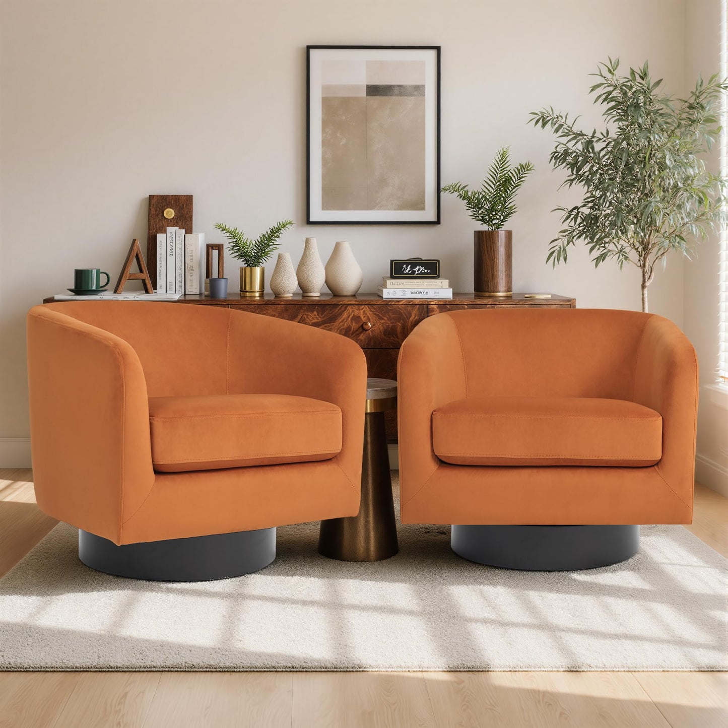 Swivel Barrel Chairs Set of 2, 31" W Modern Faux Leather Round Swivel Accent Chair for Living Room, 360° Rotation Upholstered Armchair Club Chair for Bedroom, Reading Room, Office (Brown)