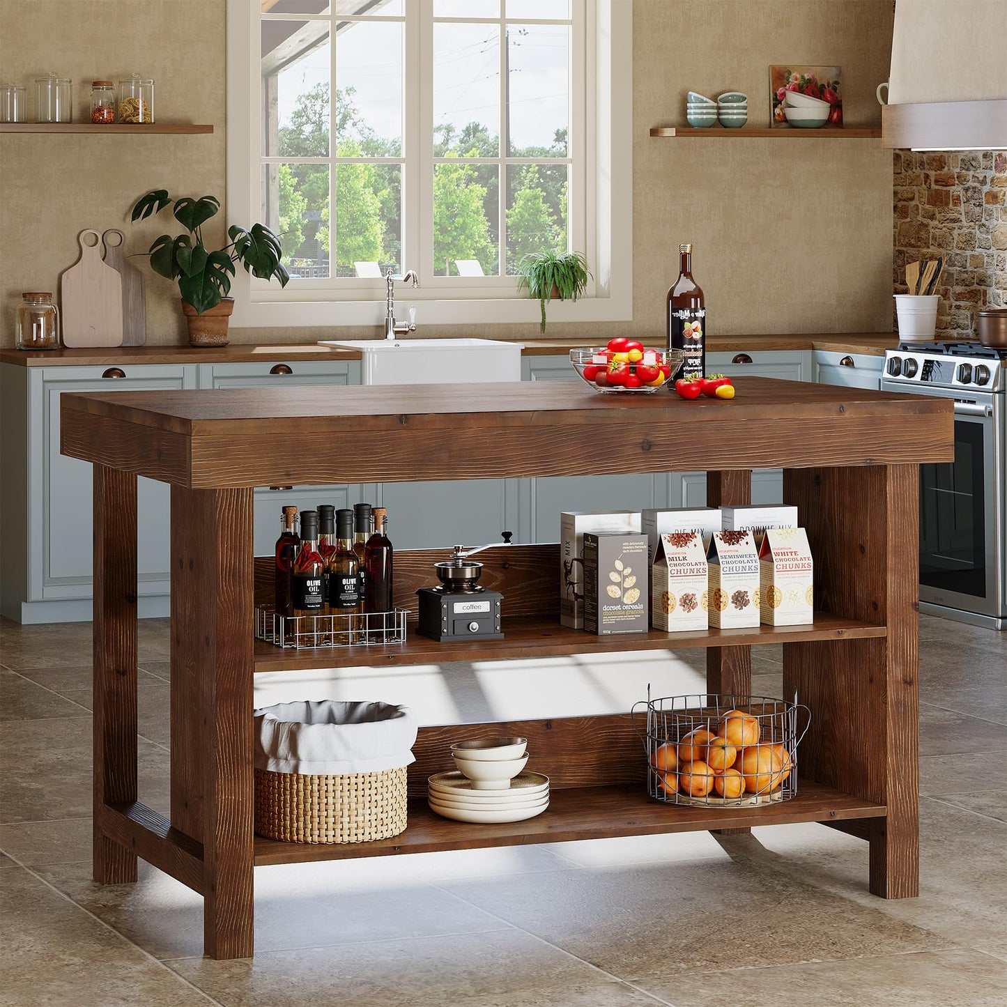 Solid Wood Large Kitchen Island, 3-Tier 55 Inch Stationary Center Island Table with Open Storage Shelves, Farmhouse Counter Height Coffee Bar for Kitchen, Dining Room, Living Room, Brown