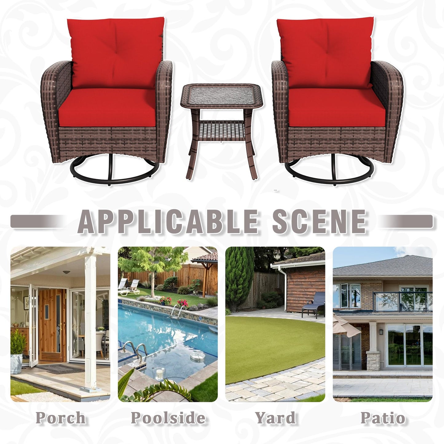 4 Piece Patio Conversation Set - 2 Swivel Chairs 1 Coffee Table 3-Seater Sofa, PE Wicker & Steel Patio Furniture with Heavy-Duty Steel Frame,Weatherproof Cushions, Red