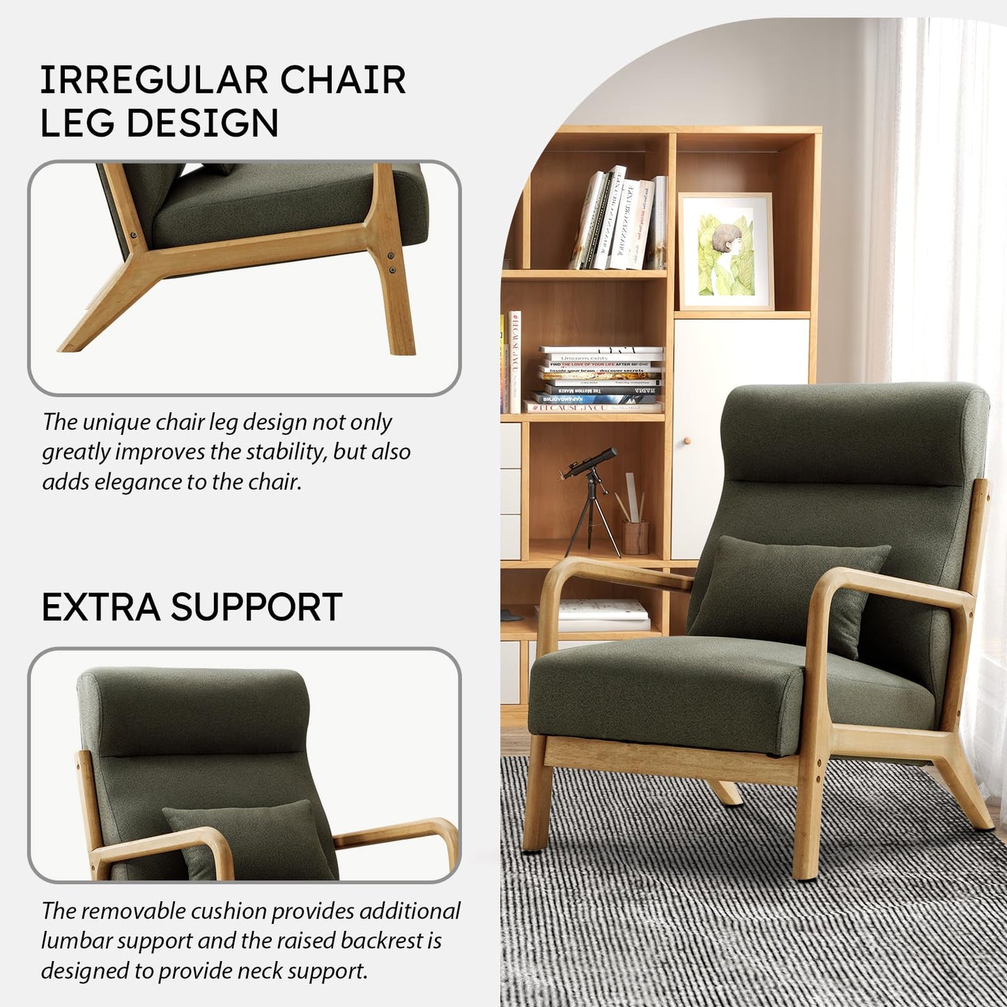 IOMOR Accent Chair Mid Century Modern Chair Linen Fabric Living Room Chairs with Solid Wood Frame Comfy Upholstered and Lumbar Pillow Reading Side Chair Easy Assembly for Bedroom Room (1, Linen Green)