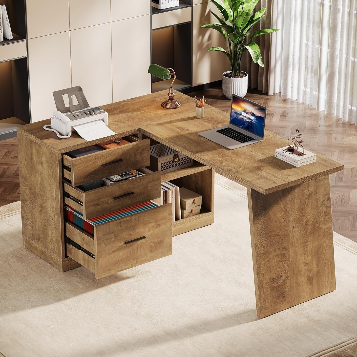 Tribesigns 55-Inch L Shaped Computer Desk with 3 Drawers, Corner Home Office Desk with Storage Shelves, Farmhouse Wood Executive Desk for Work Writing Sturdy, Gaming, Brown