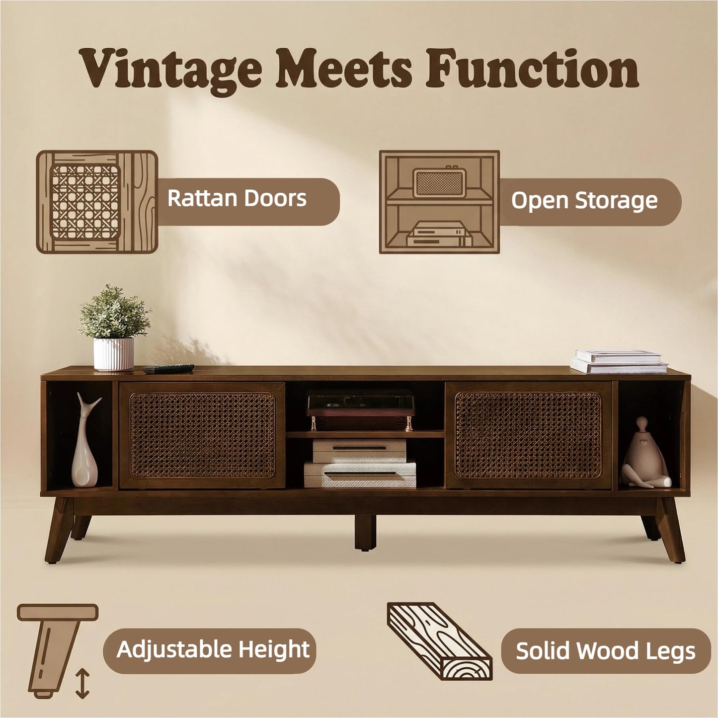 LKTART Mid Century Modern Rattan TV Stand for 65 Inch TV,59" Boho Media Console with Sliding Doors & Open Shelves,Solid Wood Legs for Living Room,Light Walnut