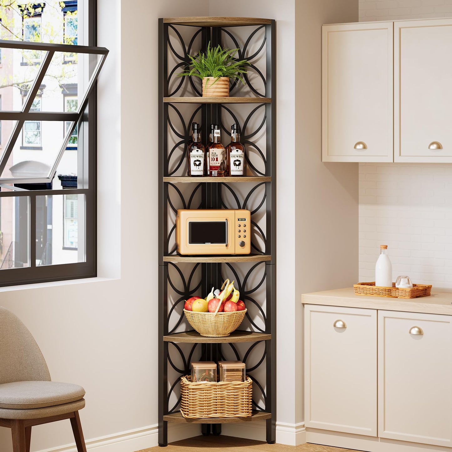 Tribesigns 6-Tier Corner Shelf, Industrial 70.9" Rustic Corner Bookshelf Display Shelf for Living Room, Wooden Shelving Unit Plant Stand Storage Rack for Bedroom, Bathroom, Kitchen,Natural
