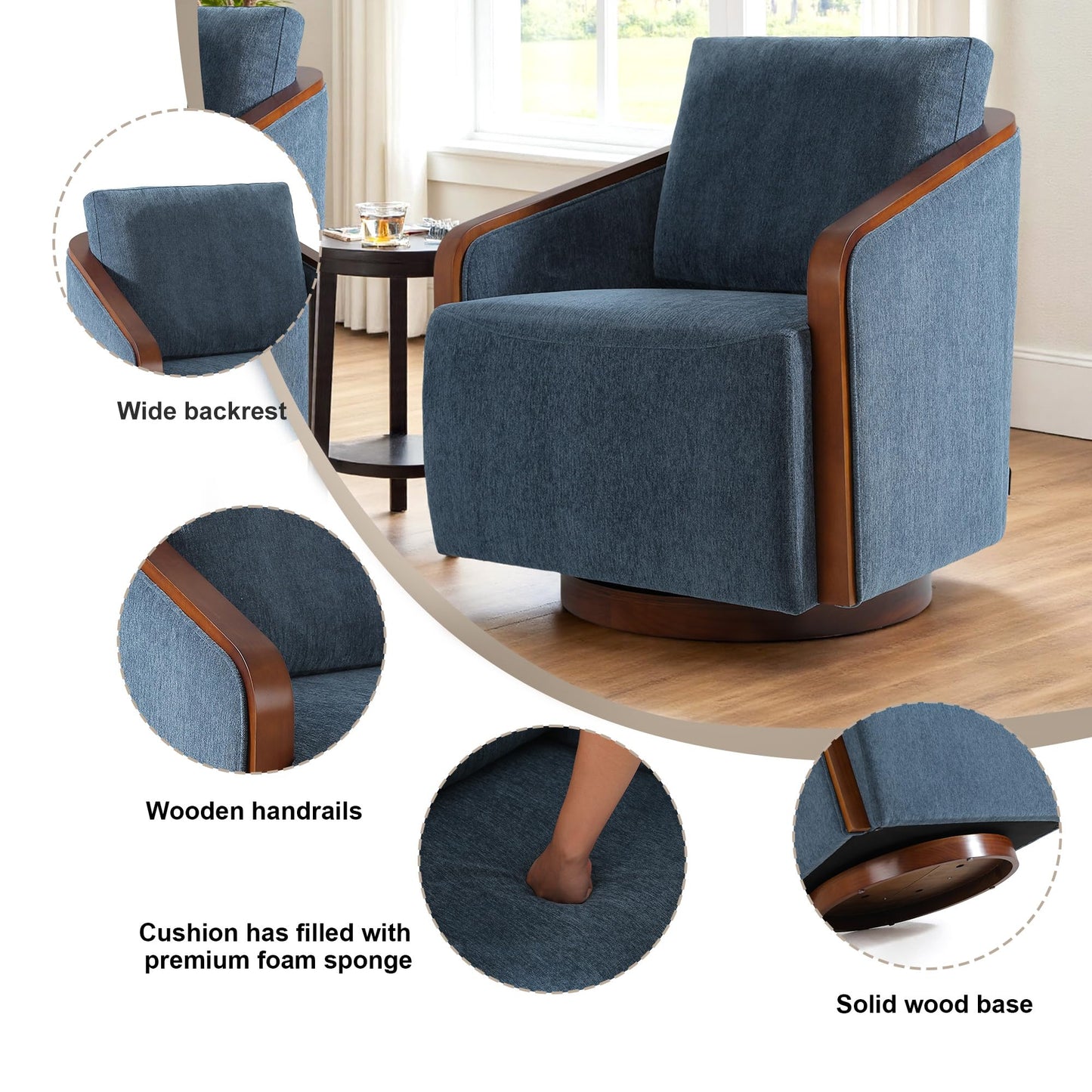360° Swivel Barrel Chairs Set of 2, Upholstered Swivel Round Barrel Chair, Comfy Chenille Fabric Single Club Armchair Accent Chair for Living Room, Reading Room, Bedroom, Beige Brown