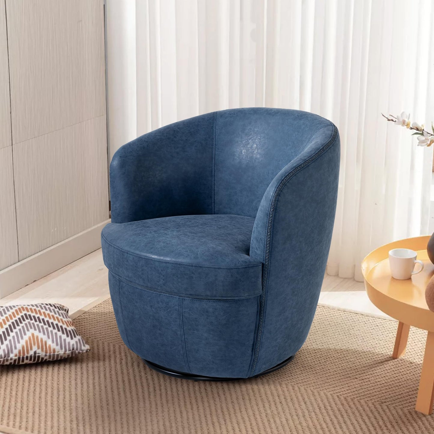 360° Swivel Barrel Accent Chair, Faux Leather Round Swivel Chair for Living Room, Comfy Upholstered Armchair Single Sofa Club Chair for Bedroom Reading Room, No Assembly Required - Light Brown