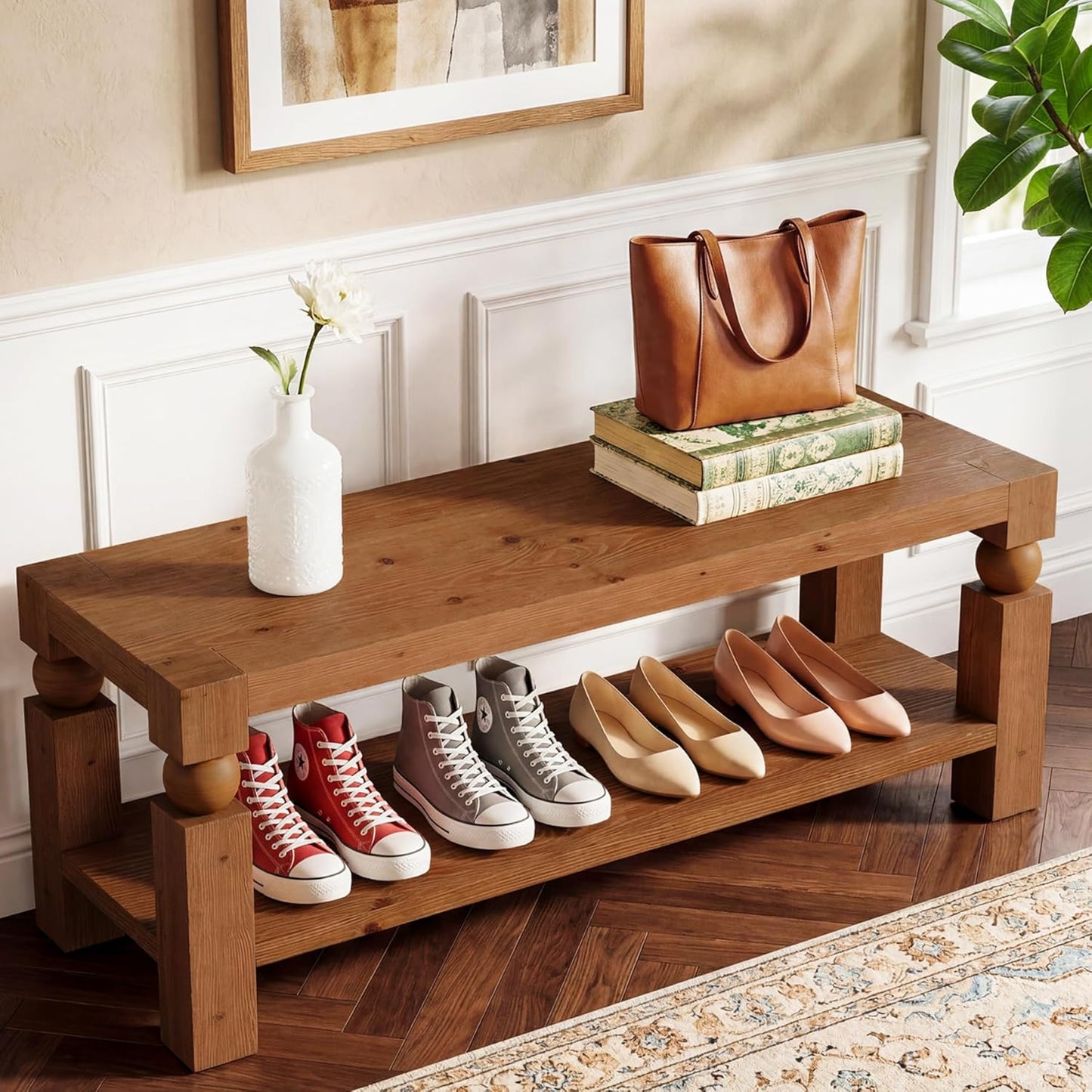 47-Inch Entryway Bench with Shoe Storage, Solid Wood Shoe Rack Bench, Narrow Storage Bench, Long Rustic Wood Bench for Indoor, Bedroom, Hallway, Living Room (Brown)