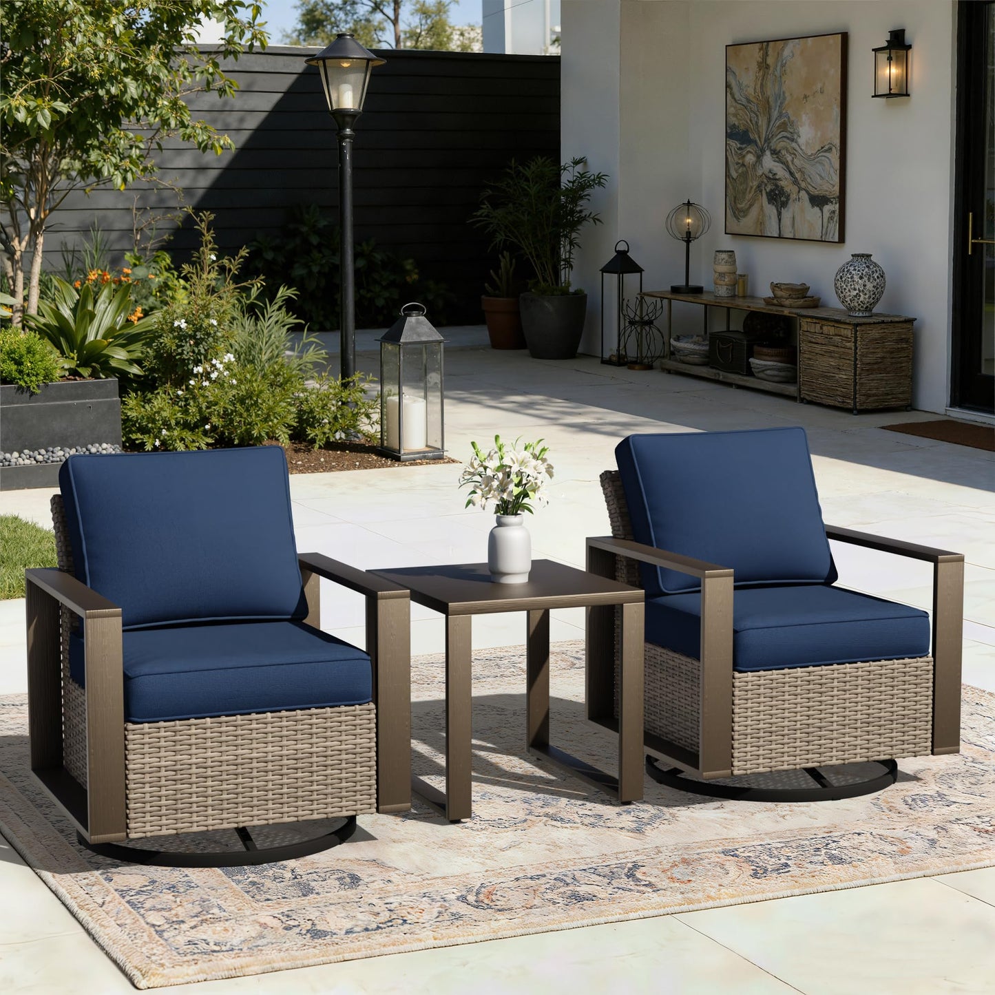 Joyside Outdoor Patio Swivel Rocker Chairs, 3 Pieces Wicker Furniture Set, 2 Swivel Rocking Chairs and 1 Table, Metal Wide Armrest, Thick Cushions and Deep Seating for Garden, Backyard, Porch, Deck
