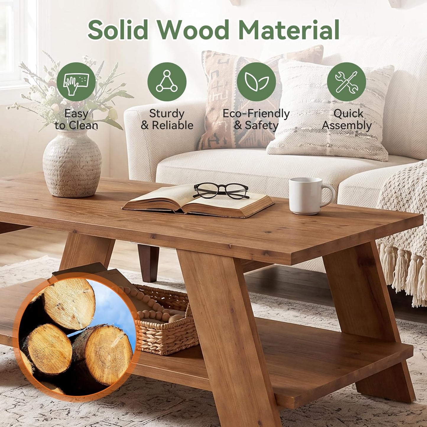 47-Inch Solid Wood Coffee Table for Living Room, 2-Tier Rectangle Center Table with Storage Shelf, Farmhouse Rustic Living Room Furniture, Brown