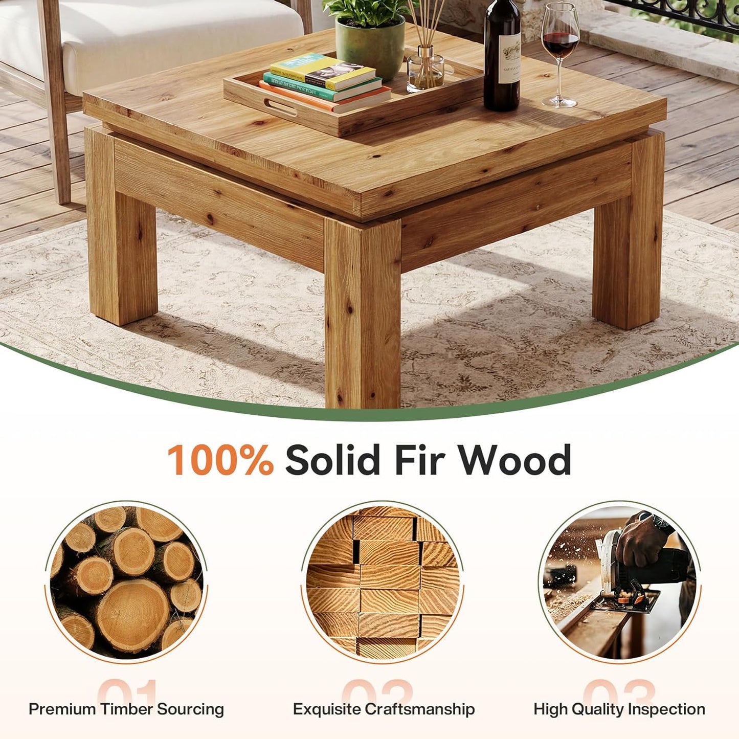 Farmhouse Coffee Table, 31.5" Solid Wood Square Coffee Table for Living Room, Apartment, Small Spaces (Natural Brown)