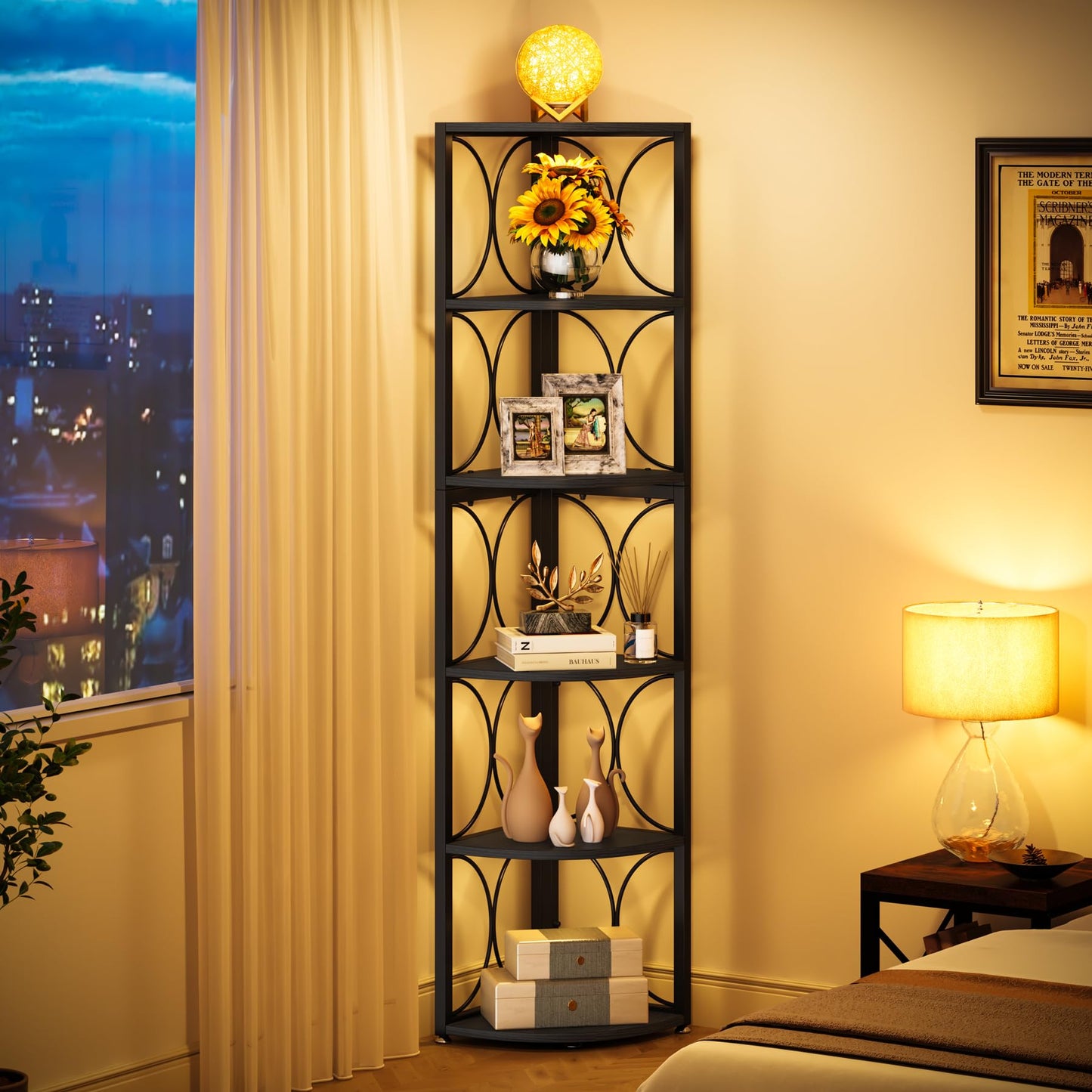Tribesigns 67 inch Tall Corner Shelf, 6 Tier Rustic Corner Bookshelf Bookcase Storage Rack Standing Shelving Unit for Living Room, Small Space