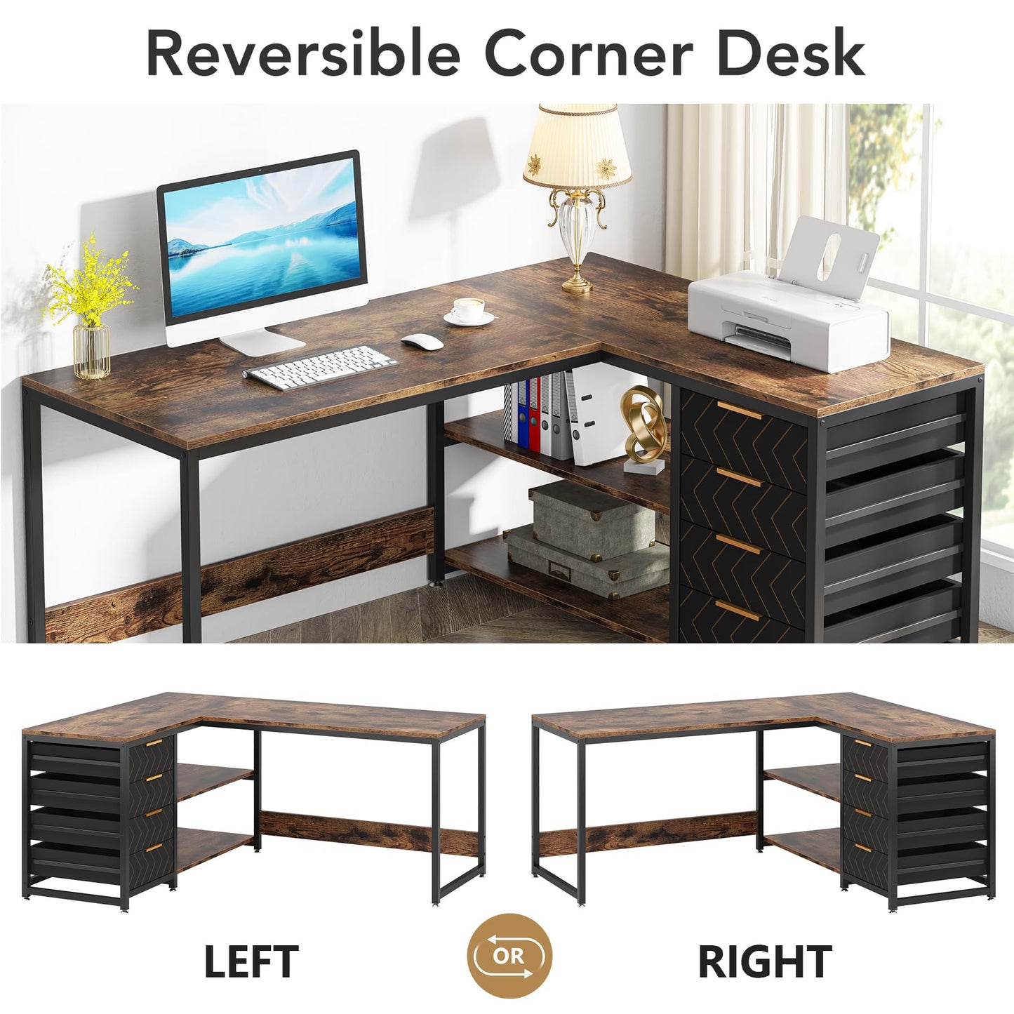 Tribesigns L Shaped Computer Desk with Storage Drawers, 59 inch Corner Desk with Shelves, Reversible L-Shaped Office Desk Study Writing Table Workstation for Home Office, Walnut & White