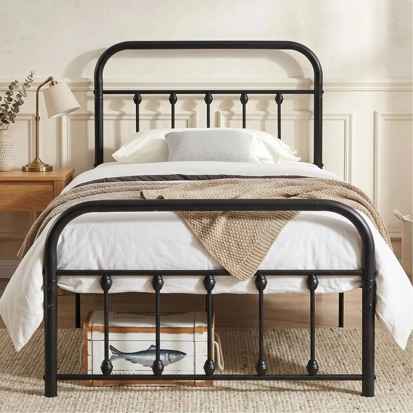 VECELO King Size Victorian Style Metal Bed Frame with Headboard/Mattress Foundation/No Box Spring Needed/Under Bed Storage and Strong Slat Support Purple Bronze