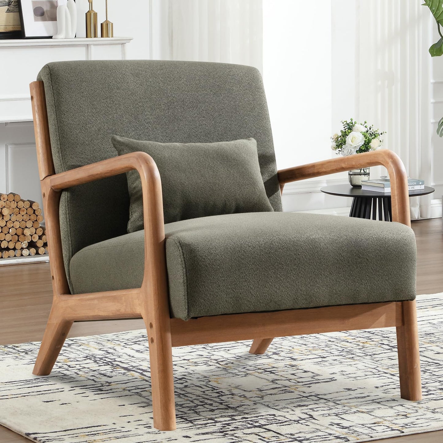 IOMOR Accent Chair Mid Century Modern Chair Linen Fabric Living Room Chairs with Solid Wood Frame Comfy Upholstered and Lumbar Pillow Reading Side Chair Easy Assembly for Bedroom Room (1, Linen Green)