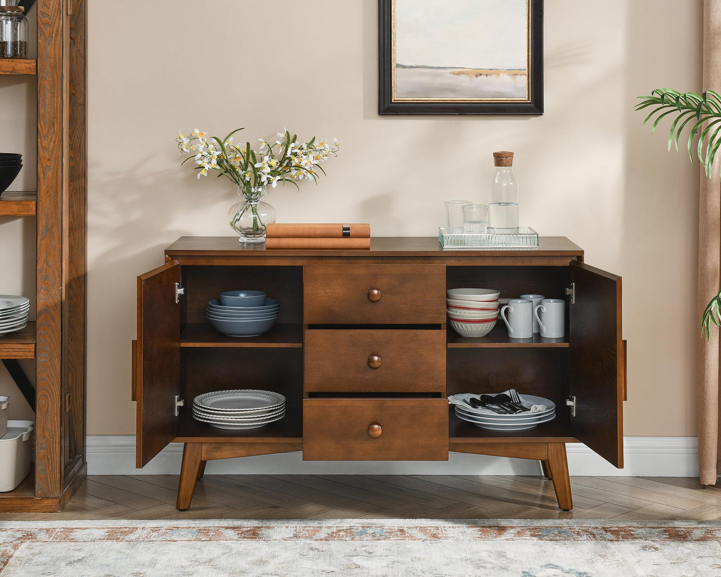LKTART 60" Mid Century Modern Sideboard Buffet with Hollow Carved Doors and Outlet Holes,Vintage Accent Cabinet Credenzas Storage Cabinet Walnut