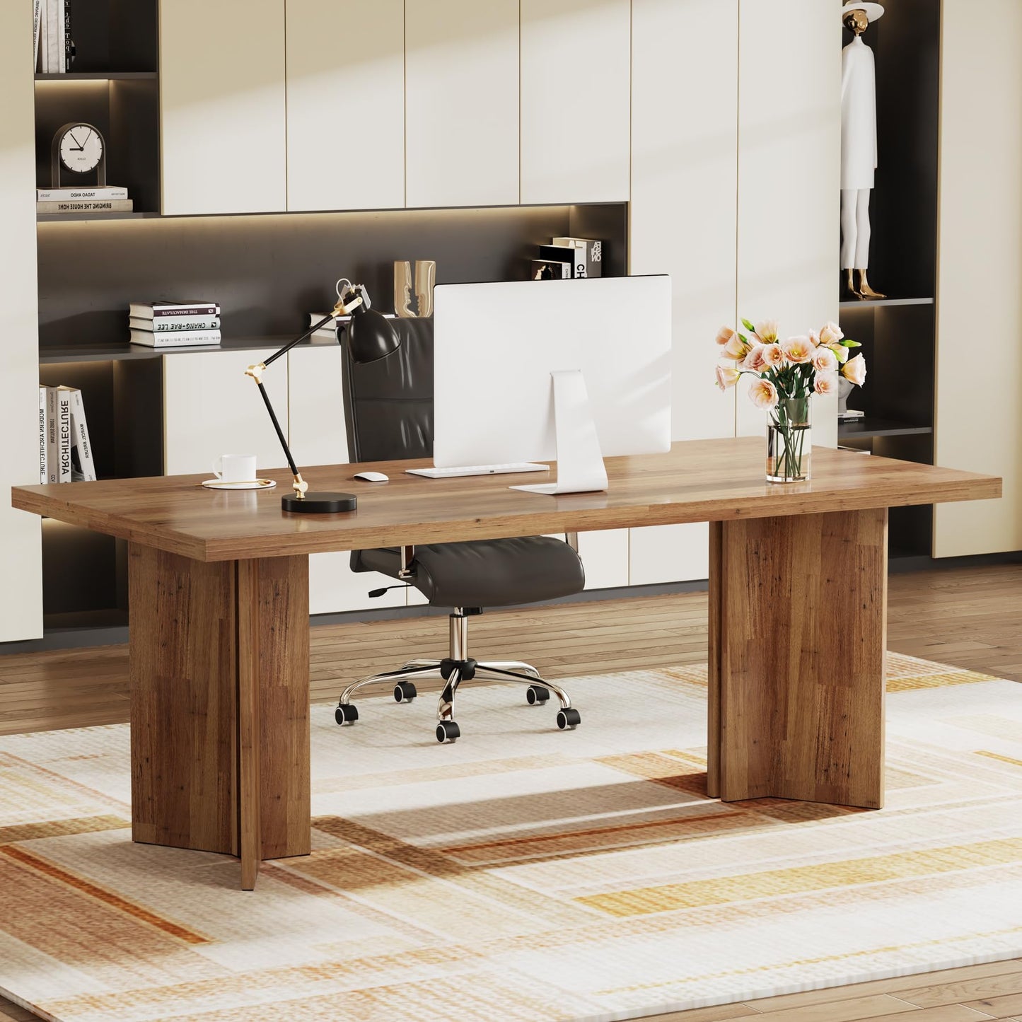 Tribesigns 63-inch Executive Desk, Vintage Home Office Computer Desk with Large Tabletop, Farmhouse Wood Writing Conference Table Workstation for Office, Study, Walnut Brown