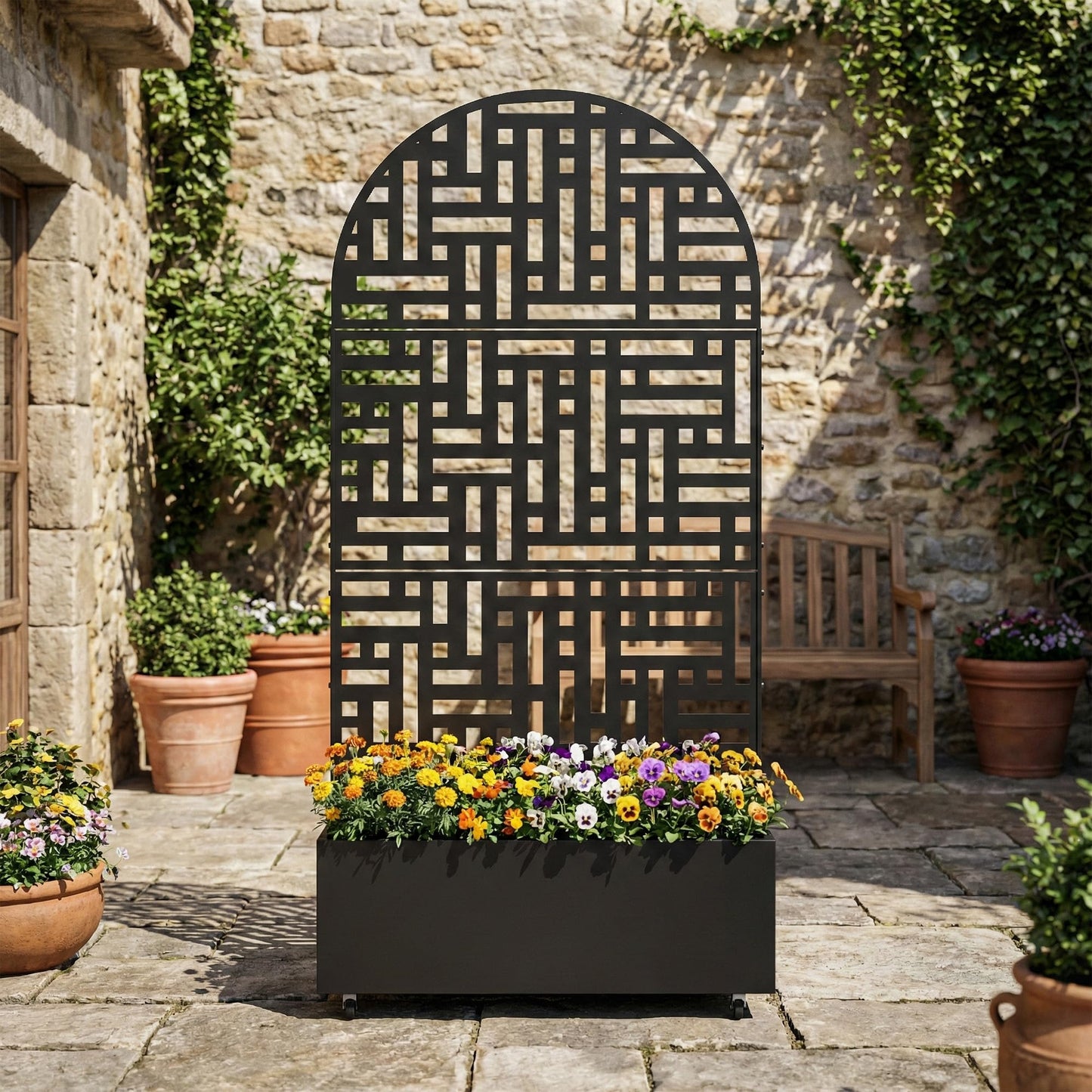 Metal Raised Garden Bed with Trellis and Wheels, 71"x47"x16" Planter Box with Privacy Screen & Drainage Holes, Arched Outdoor Garden Bed for Climbing Plants, Vegetables, Flowers (Black-Square)
