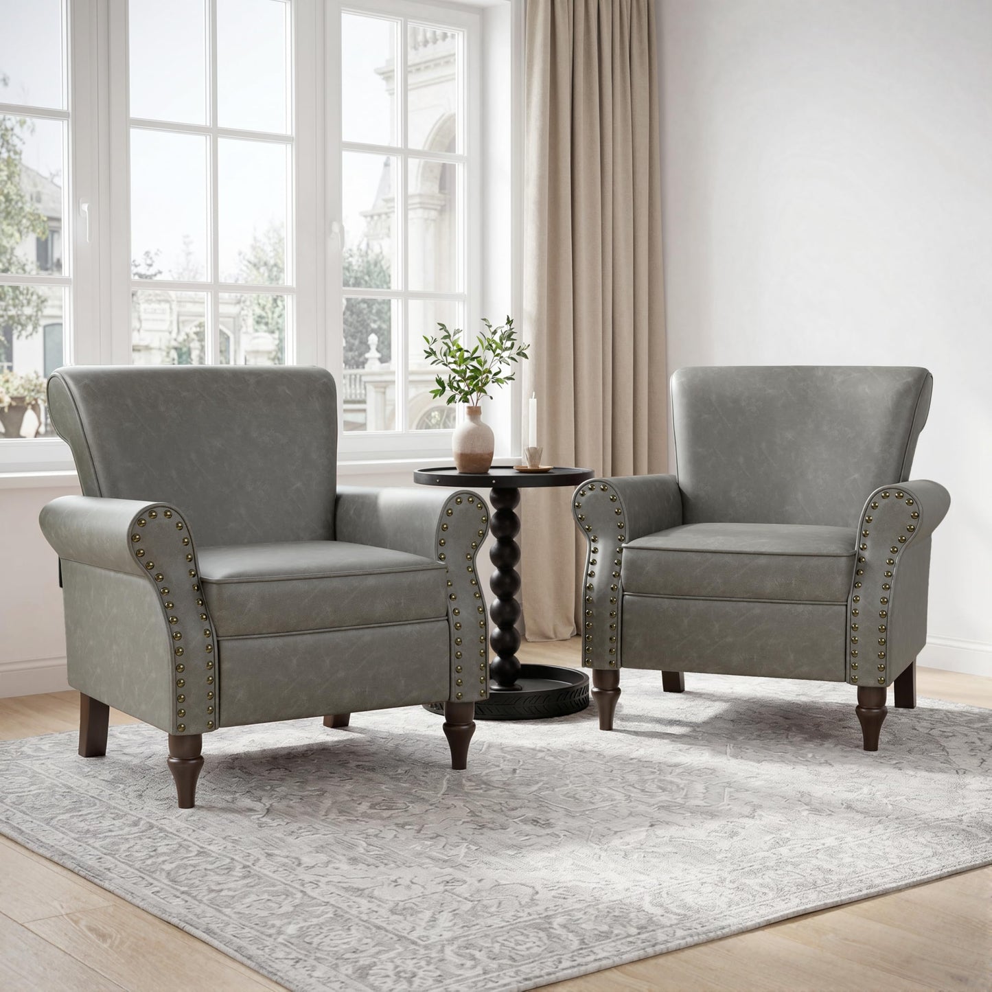 Wingback Accent Chairs Set of 2, Mid-Century Modern Upholstered Armchair Living Room Chair with Nailhead Trim & Rolled Armrest, Comfy Lounge Chair Single Sofa Chair for Bedroom, Light Blue