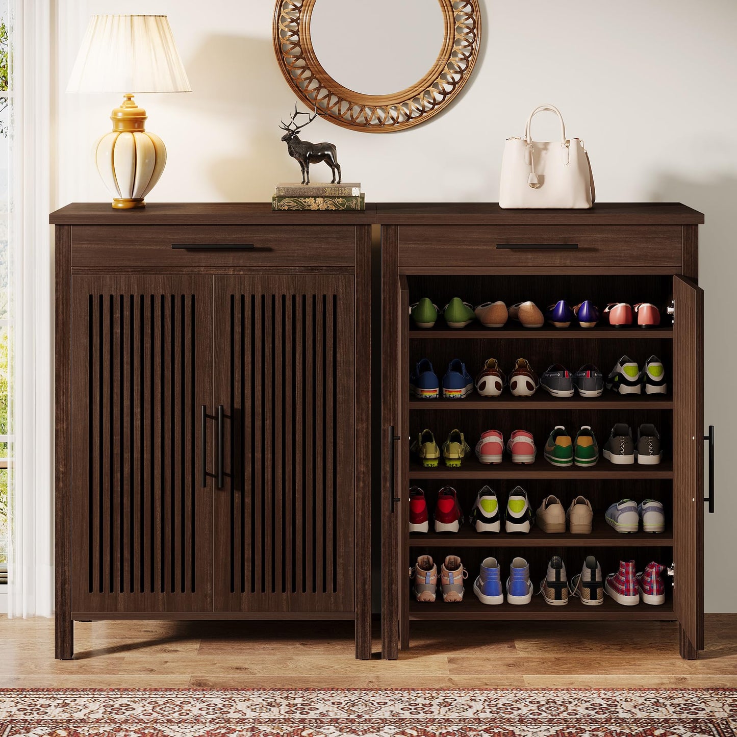 Tribesigns Shoe Cabinet, 5-Tier Shoe Storage Cabinet with Louvered Doors and Drawer, Freestanding Wooden Shoe Rack Organizer with Adjustable Shelves for Entryway, Hallway, Closet, Brown