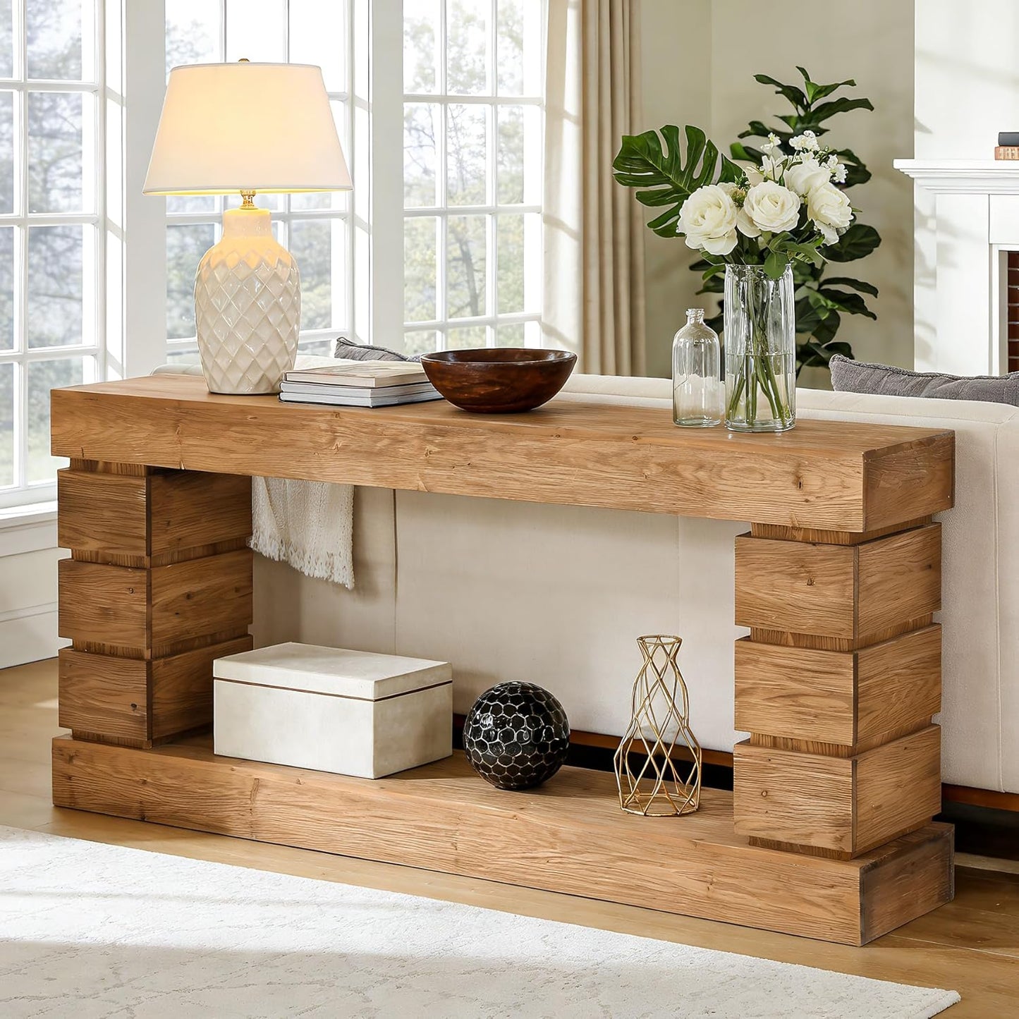 Solid Wood Console Table for Entryway, 62.9-Inch Long Narrow Sofa Table with Storage Shelf for Living Room Hallway