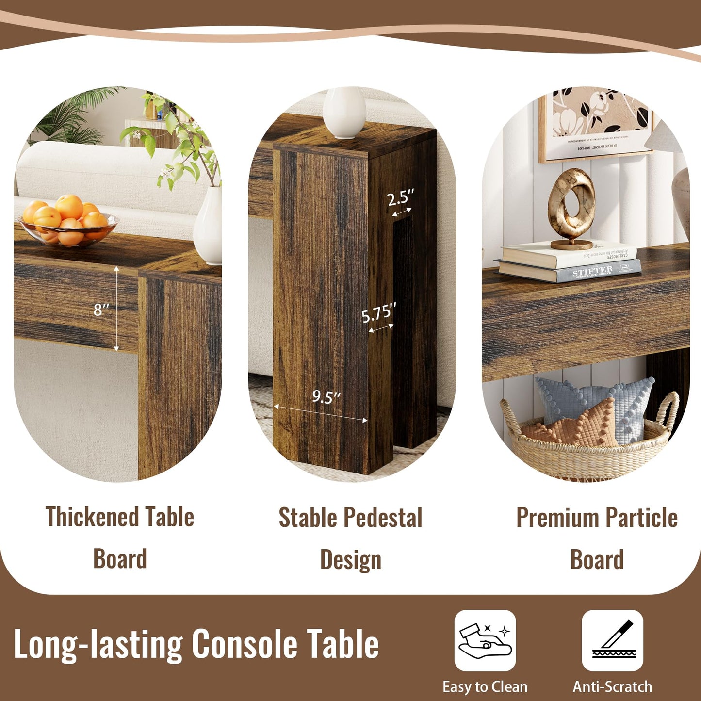 Epecoya Long Sofa Console Table for Entryway Living Room, 63-Inch Farmhouse Wood Behind Couch Table, Rectangular Accent Console with Wooden Double Base for Hallway Foyer Entrance, Rustic Brown