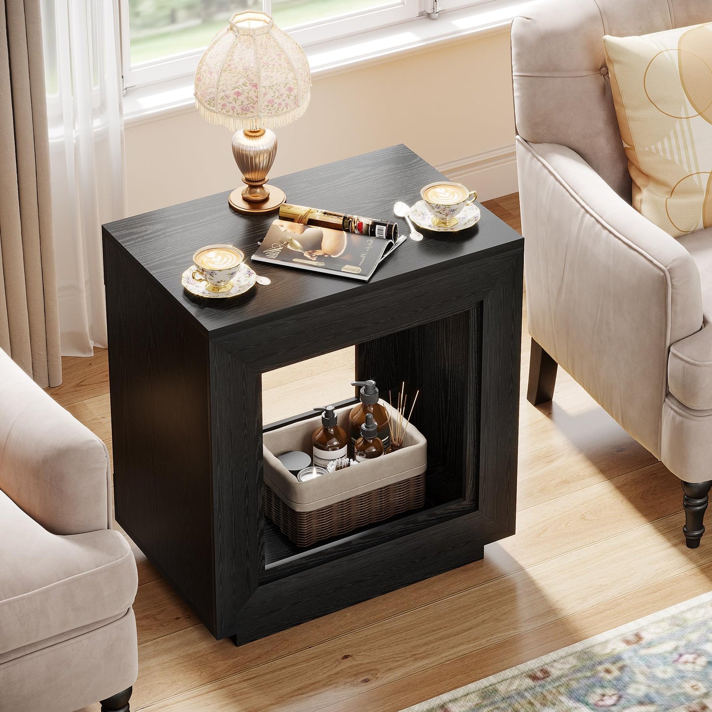 Tribesigns Rustic Wood End Table, 2 Tiered Square Side Table with Storage Shelf, Industrial Sofa Side Table for Living Room, Entrance (Rustic Brown) (1)