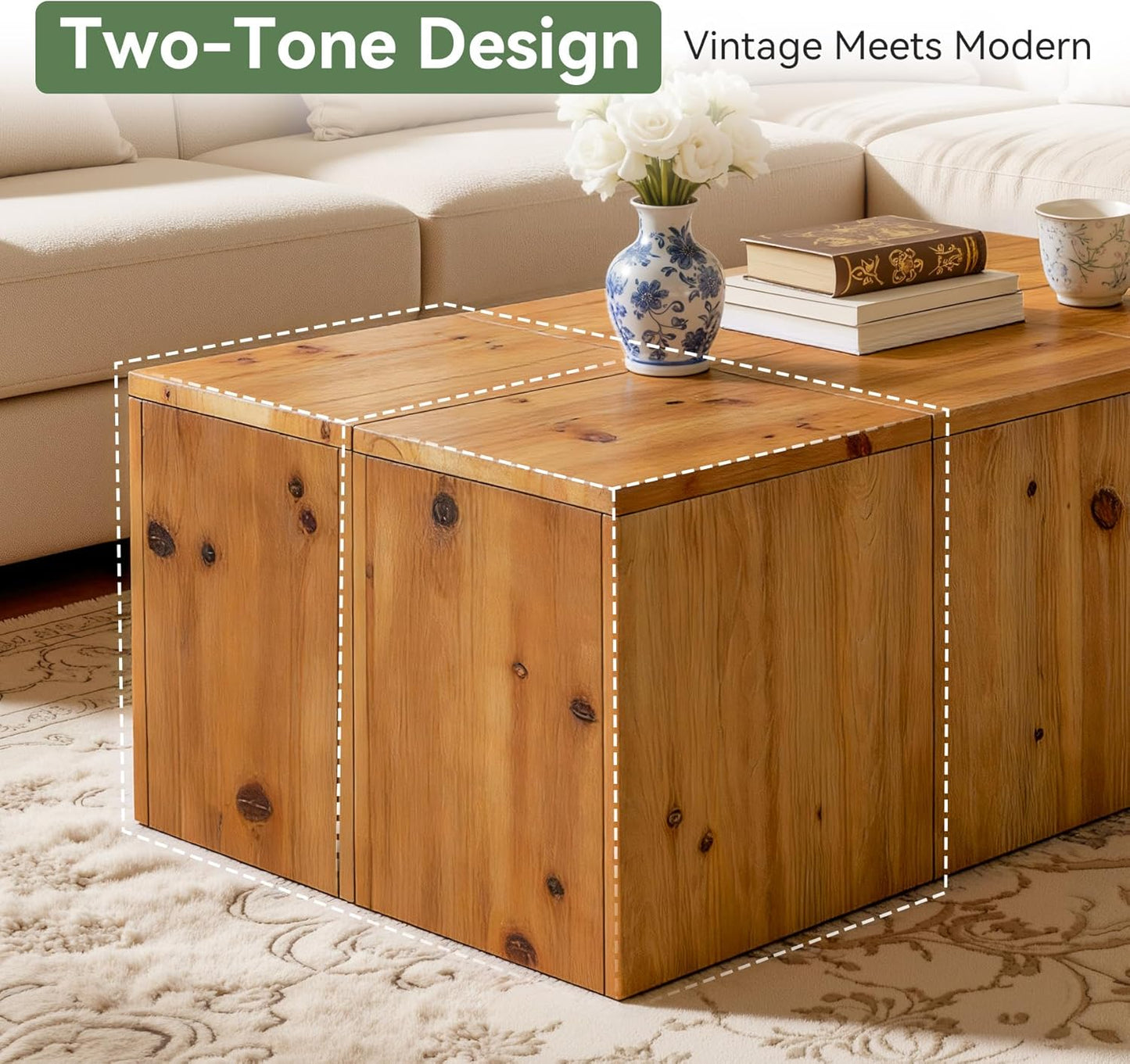 47-inch Rectangle Solid Wood Block Coffee Table, Farmhouse Center Table with Natural Wood Grain, Sturdy Wobble-Free Construction for Living Room, Retro Style