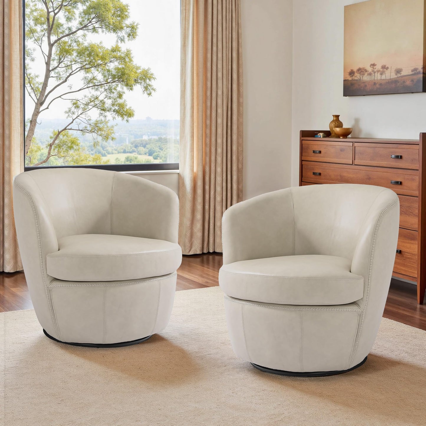 360° Swivel Barrel Accent Chair, Faux Leather Round Swivel Chair for Living Room, Comfy Upholstered Armchair Single Sofa Club Chair for Bedroom Reading Room, No Assembly Required - Light Brown