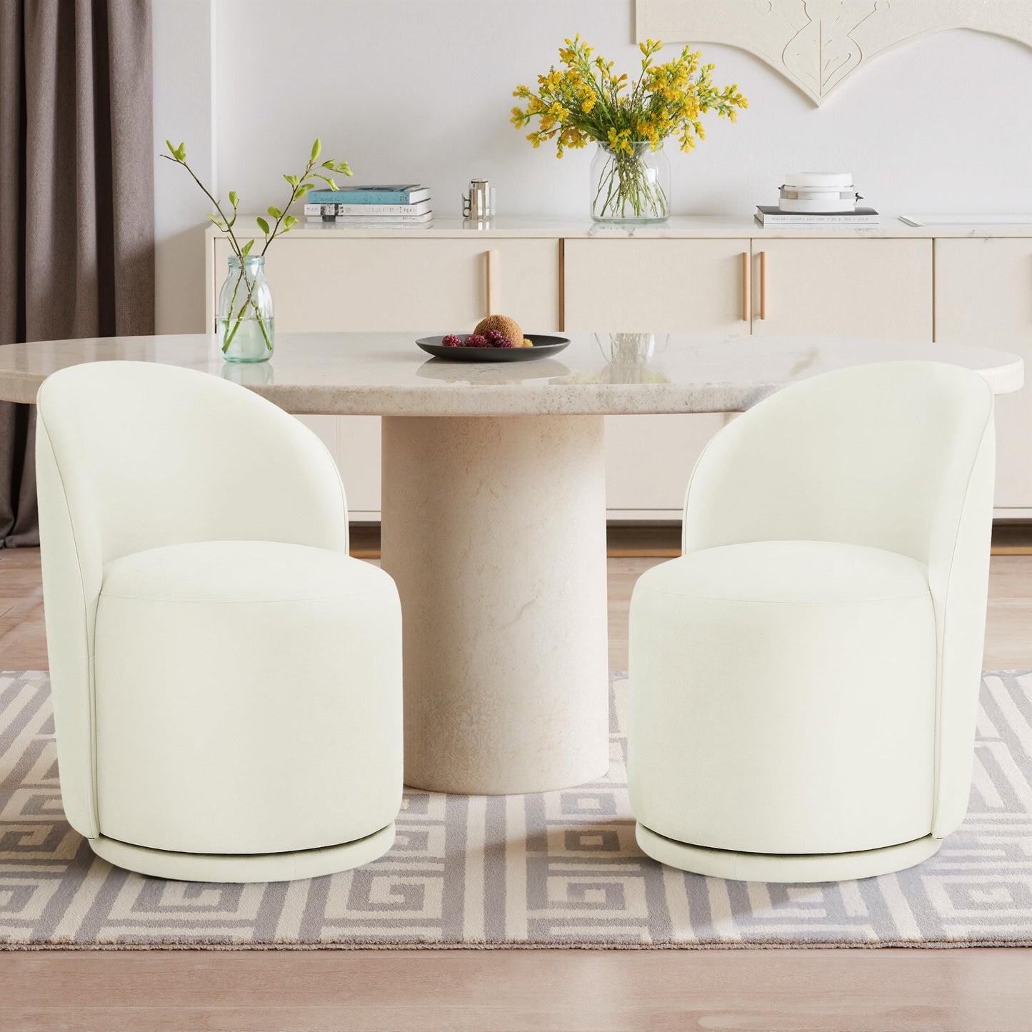 Swivel Barrel Dining Chairs Set of 2, Faux Leather Upholstered Round Dining Chairs, 360° Swivel Vanity Chair Comfy Armless Accent Makeup Chair for Dining/Living Room Makeup Room, Brown