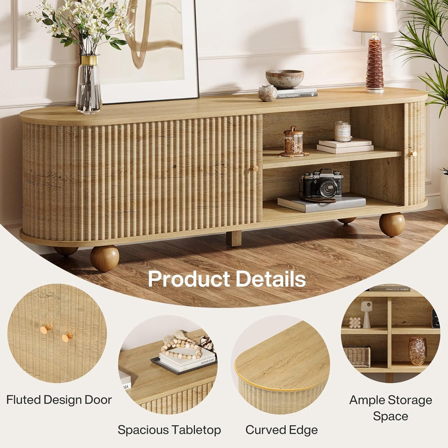 Tribesigns Farmhouse Fluted TV Stand, 70" Extra Long Media Console for TVs up to 65+ Inches, Wooden Entertainment Center with Storage Shelves and Sliding Doors for Living Room, Bedroom, Walnut
