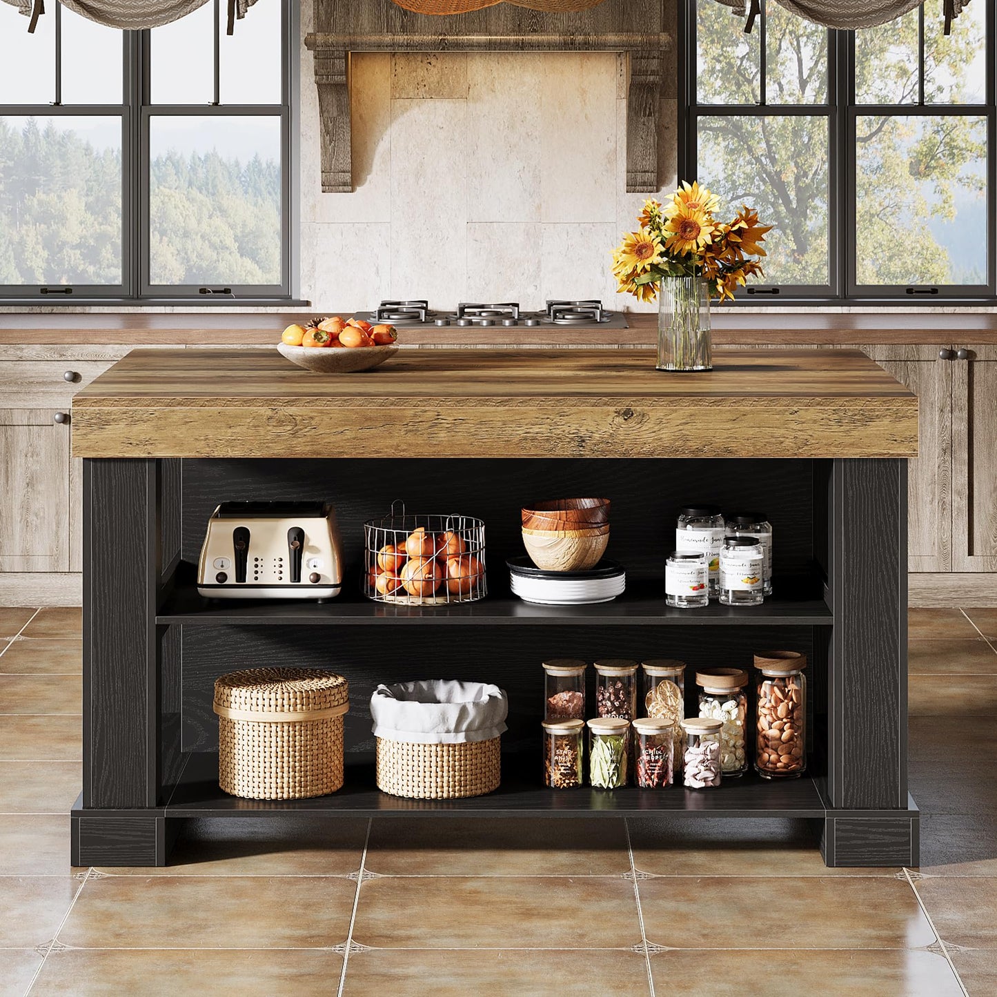 Tribesigns 55" Kitchen Island with Seating and Storage, 3-Tier Farmhouse Wood Stationary Island Table with Large Worktop & Leg Room, Coffee Bar Table with Storage Shelves for Kitchen, White and Brown