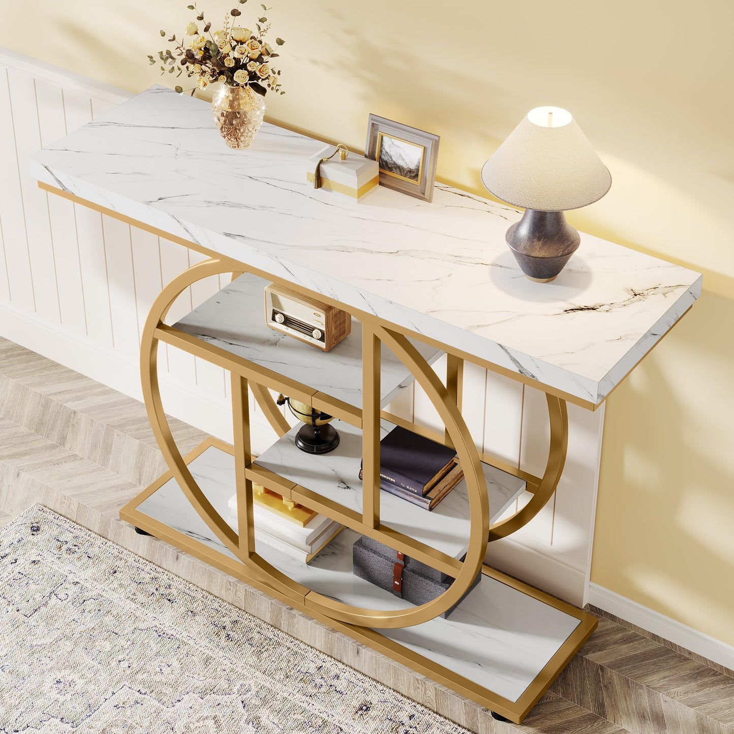 Tribesigns 41.3" Console Table, Industrial 4-Tier Sofa Table Entryway Table with Circle Base, Narrow Wood Accent Tables with Storage Shelves for Living Room, Hallway, Foyer, Rustic Brown
