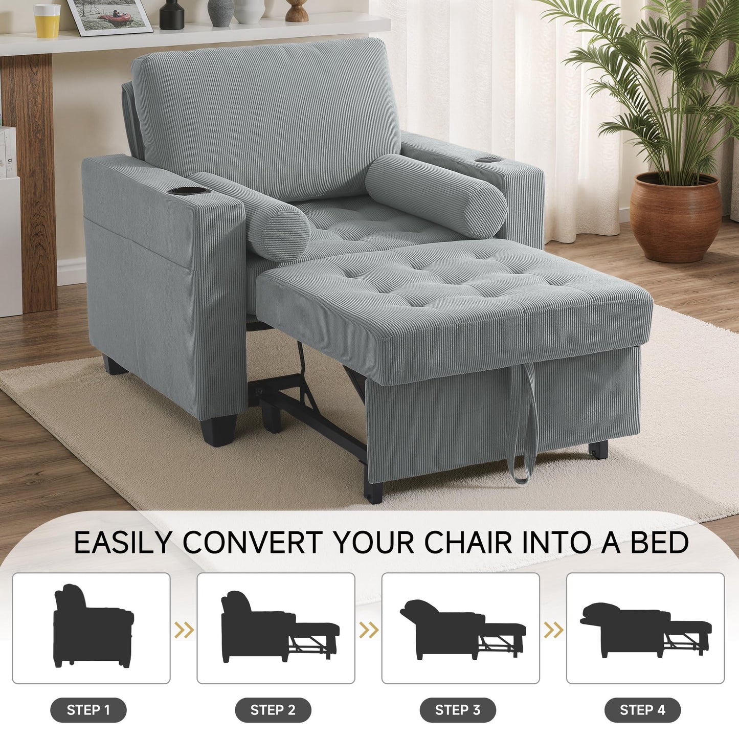 Sleeper Sofa Chair Bed, 3-in-1 Convertible Sleeper Chair with Pull Out Bed, Comfy Corduroy Sofa Bed Couch with Reclining Adjustable Backrest, USB Ports, Cup Holder, Side Pocket (Gray, 38.8")