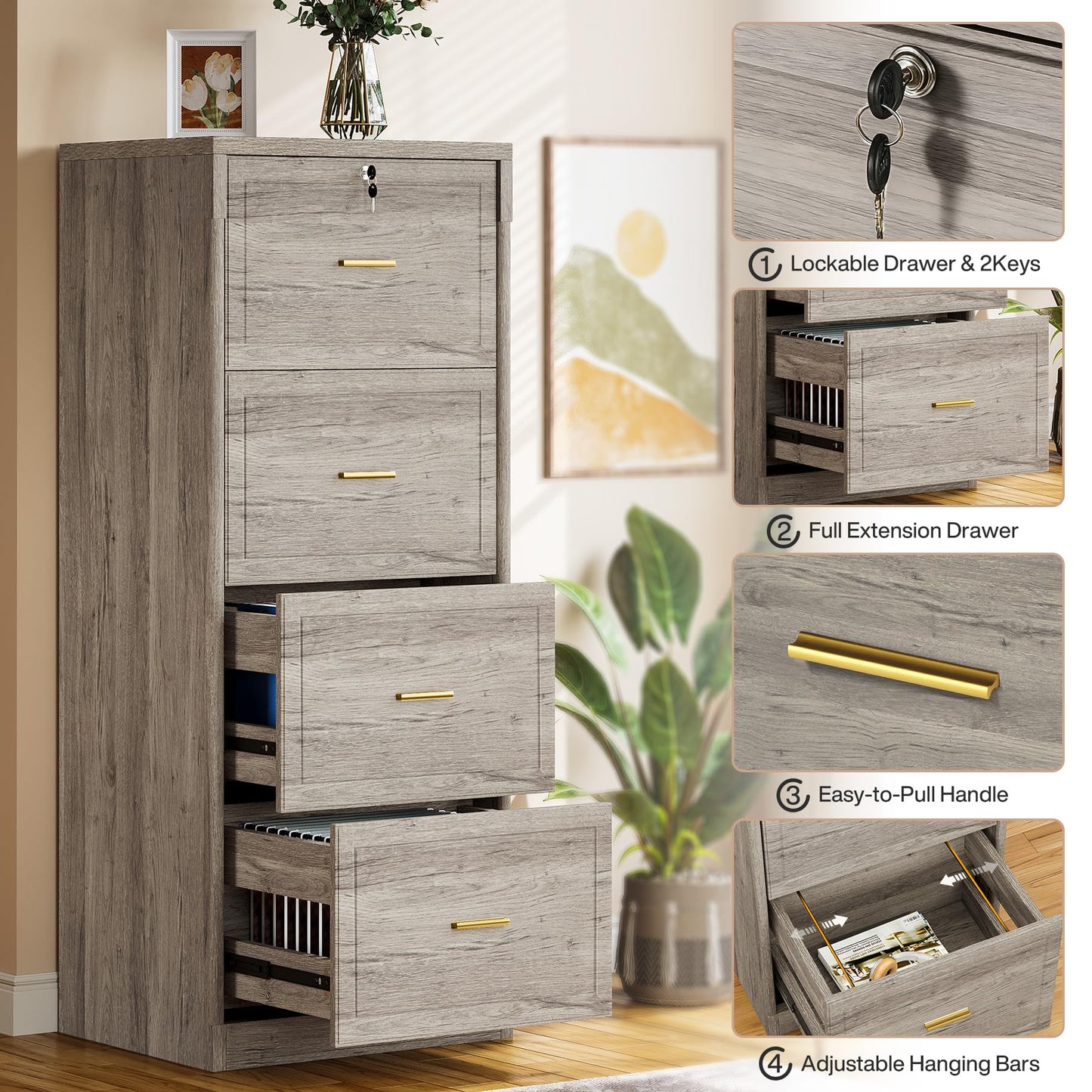 Tribesigns 4-Drawer File Cabinet with Lock, Locked File Cabinet with Key, Tall Wooden Filing Cabinets for Home Office, Vertical Office Storage for Legal Size/Letter/A4/Files, Brown