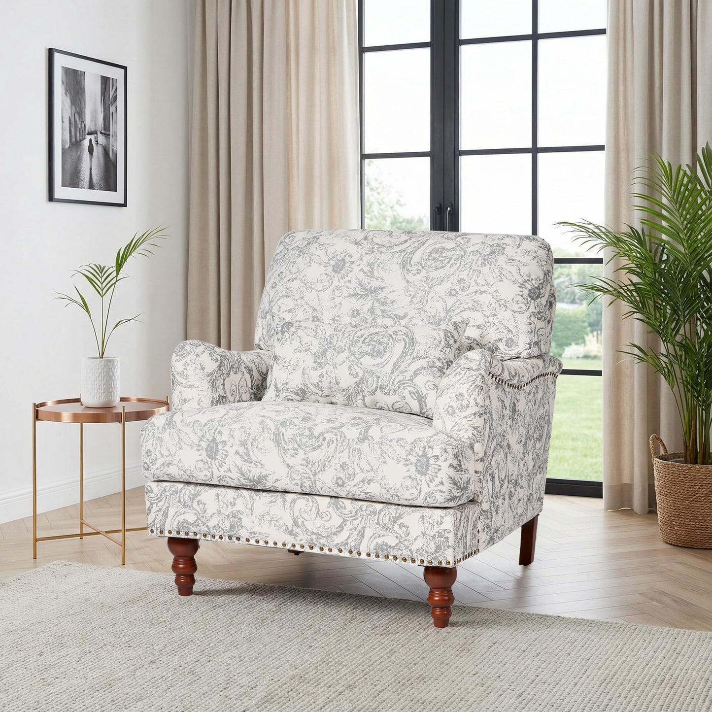 Accent Chair for Living Room, Upholstered Armchair with Nailhead Trim & Solid Wood Legs, Mid Century Modern Club Chair for Bedroom/Reading Room, Rococo Green