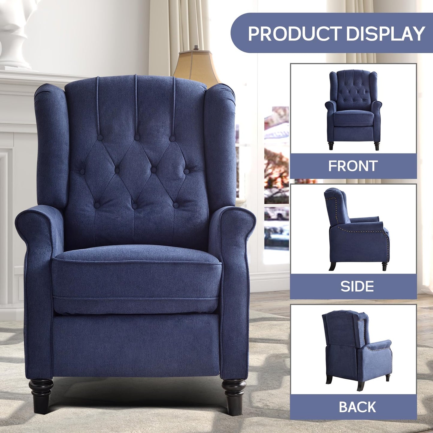 IOMOR Push Back Recliner Chair Fabric Lounge Armchair Pushback Recliner with Rivet Decoration Wingback Single Sofa Chair with Padded Seat for Living Room, Bedroom (1, Navy)