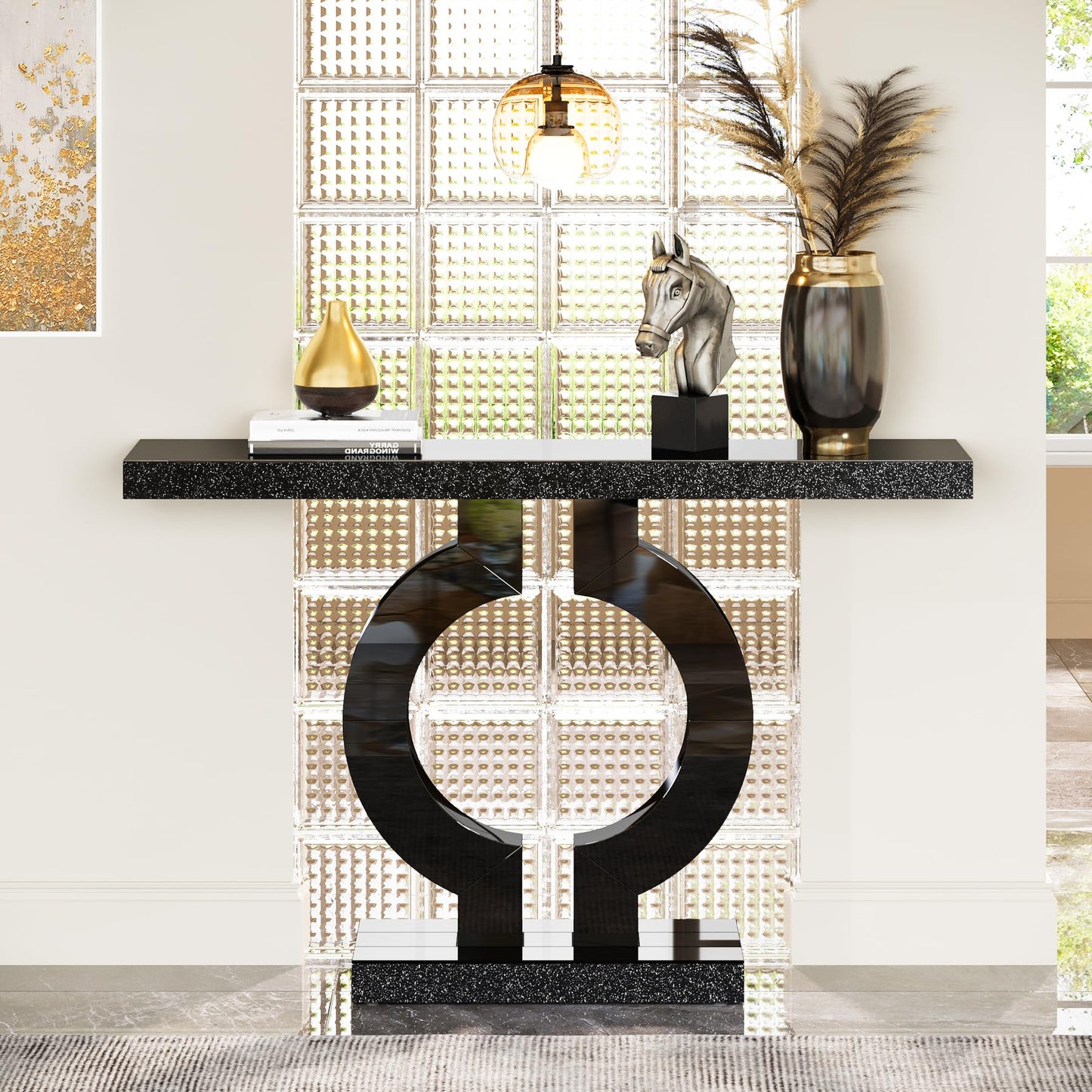 Tribesigns Modern Mirrored Console Table, Glass Sofa Table with Mirror Finish, 43-Inch Entryway Table with O-Shaped Base, Rectangular Accent Foyer Table for Living Room Hallway Entrance (Black)