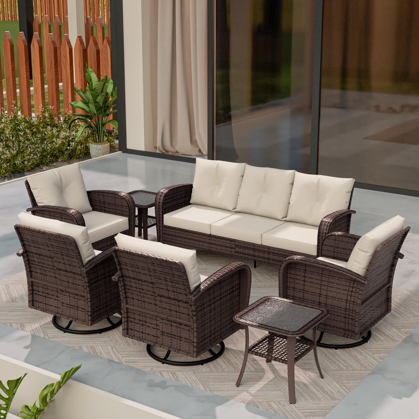 4 Piece Patio Conversation Set - 2 Swivel Chairs 1 Coffee Table 3-Seater Sofa, PE Wicker & Steel Patio Furniture with Heavy-Duty Steel Frame,Weatherproof Cushions, Red