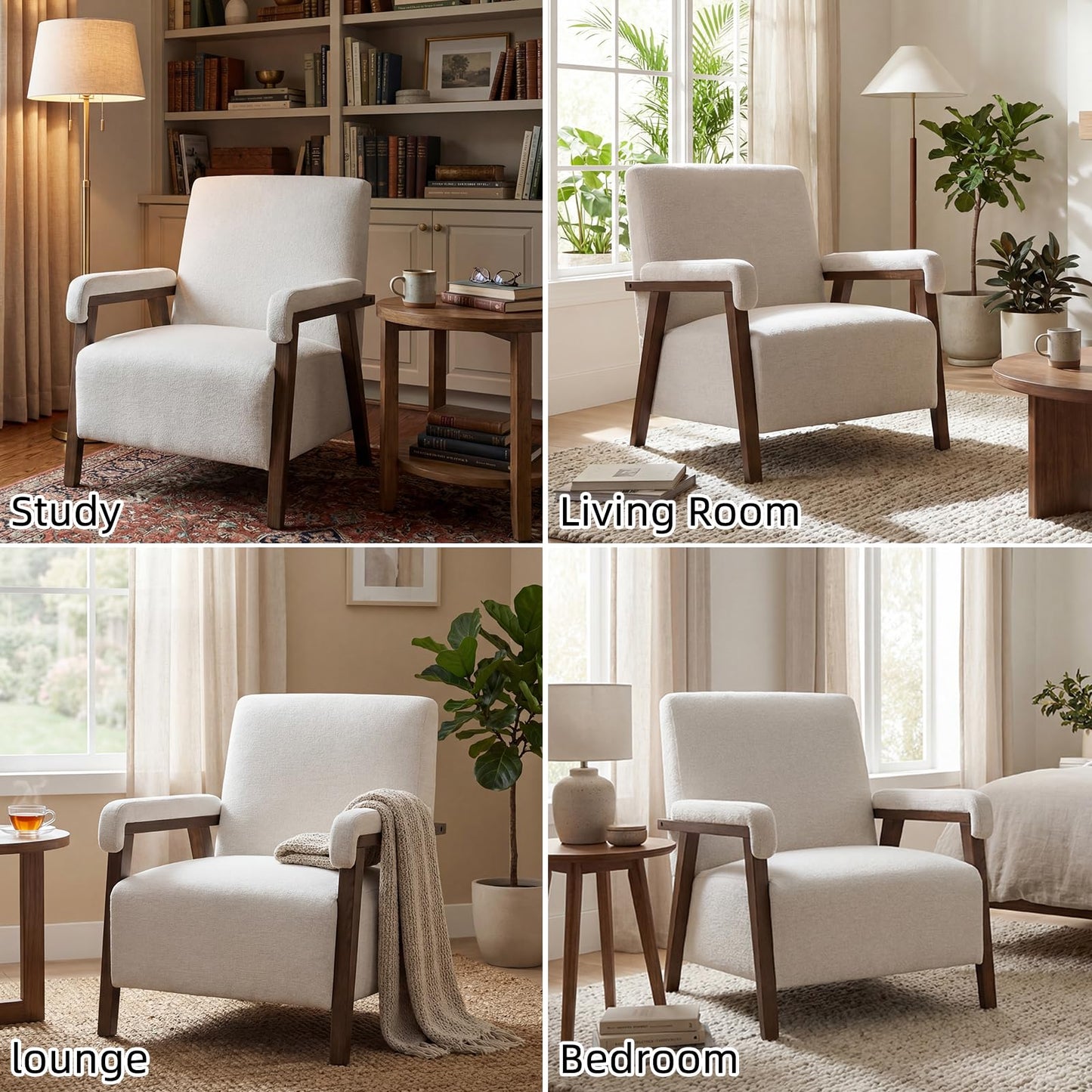 IOMOR Mid Century Modern Accent Chair, Upholstered Armchair with Thick Seat Cushion and Solid Wood Frame, Thick and Comfy Seat Cushion, Short Plush Fabric Arm Chair for Living Room(1,White)