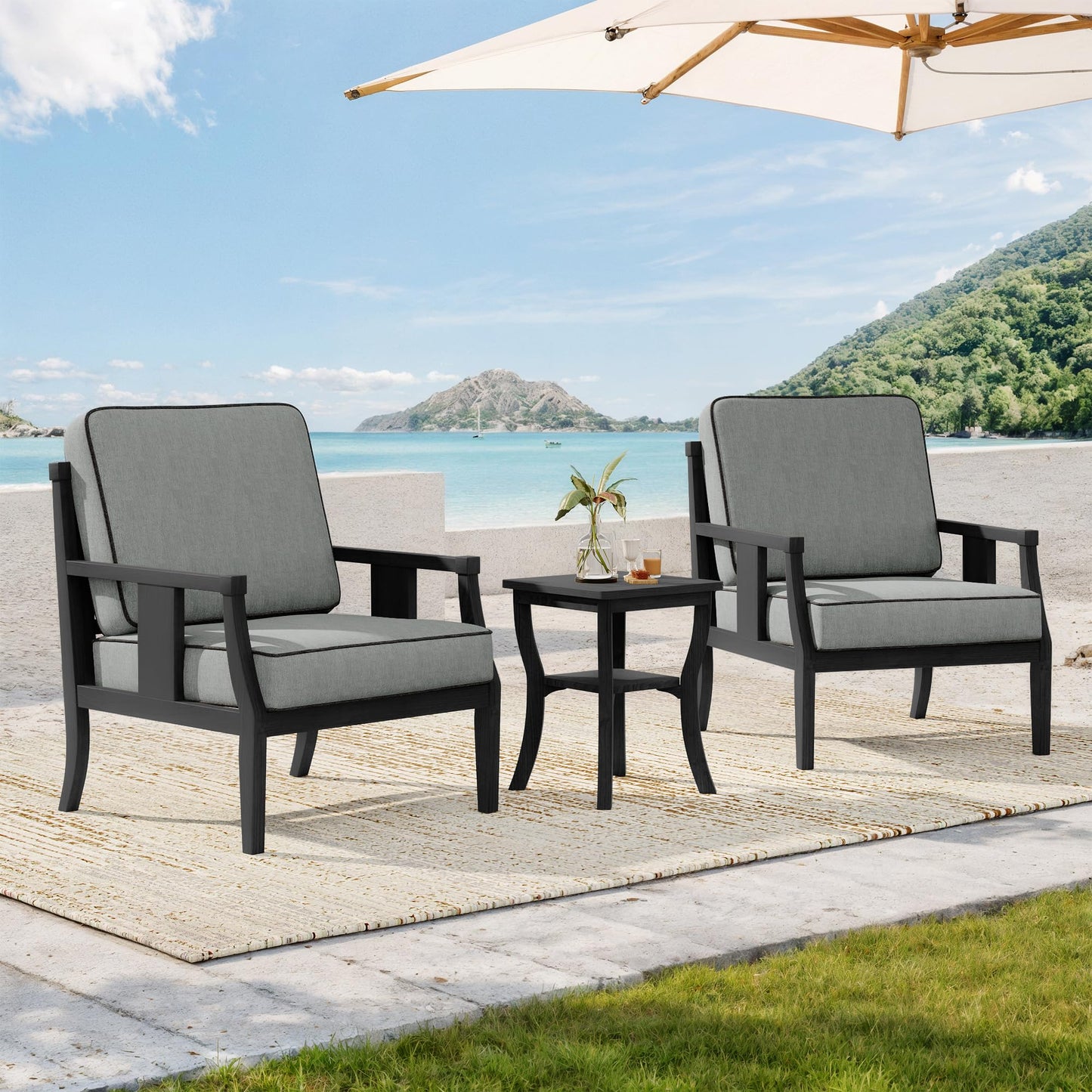 Outdoor Patio Armchairs Set of 2, All-Weather Solid Wood Patio Furniture Sets, Outdoor Sofa Chairs with Washable Thick Cushions for Porch, Balcony, Deck, Black Frame & Gray Cushion
