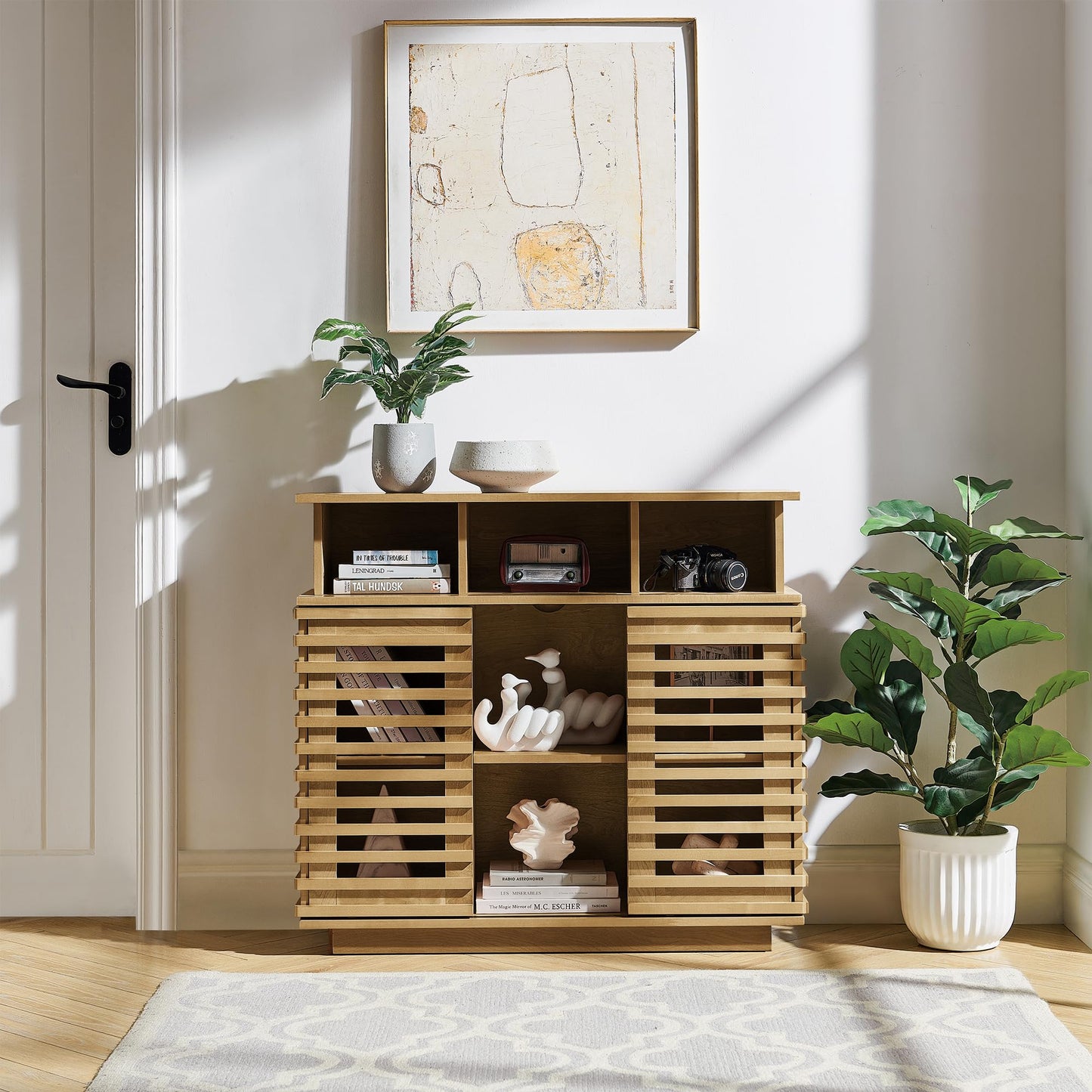 LKTART 63" Rattan Sideboard Buffet Cabinet,Kitchen Storage Cabinet,Wood Coffee Bars with 4 Doors & Open Storage Shelves,Mid Century Modern Credenza Console Table for Living Room,Walnut