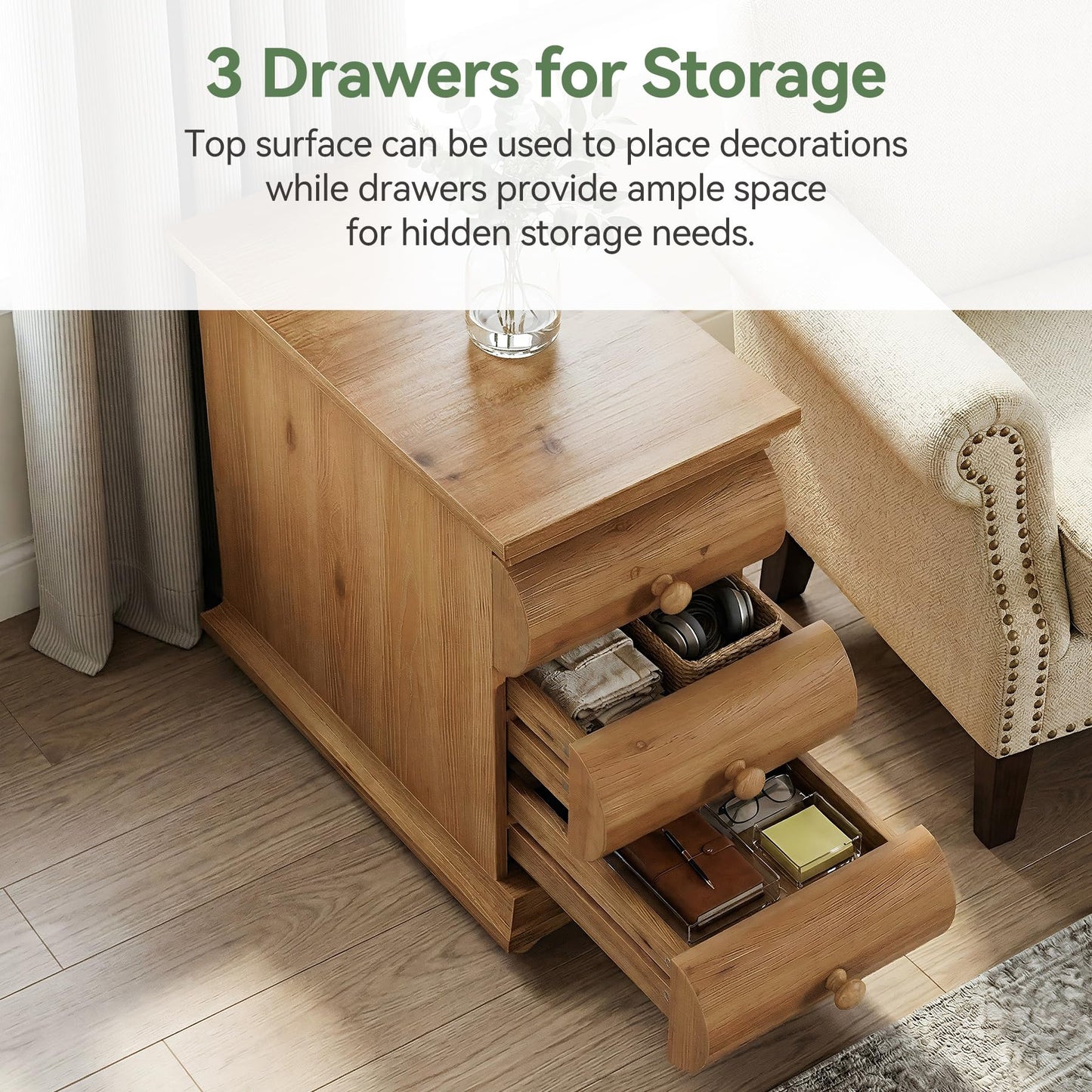 Solid Wood End Table Set of 2, 3 Drawers Narrow Sofa Side Table with Finished Back, Rustic Slim Nightstand Bedside Table for Bedroom, Living Room, Small Spce