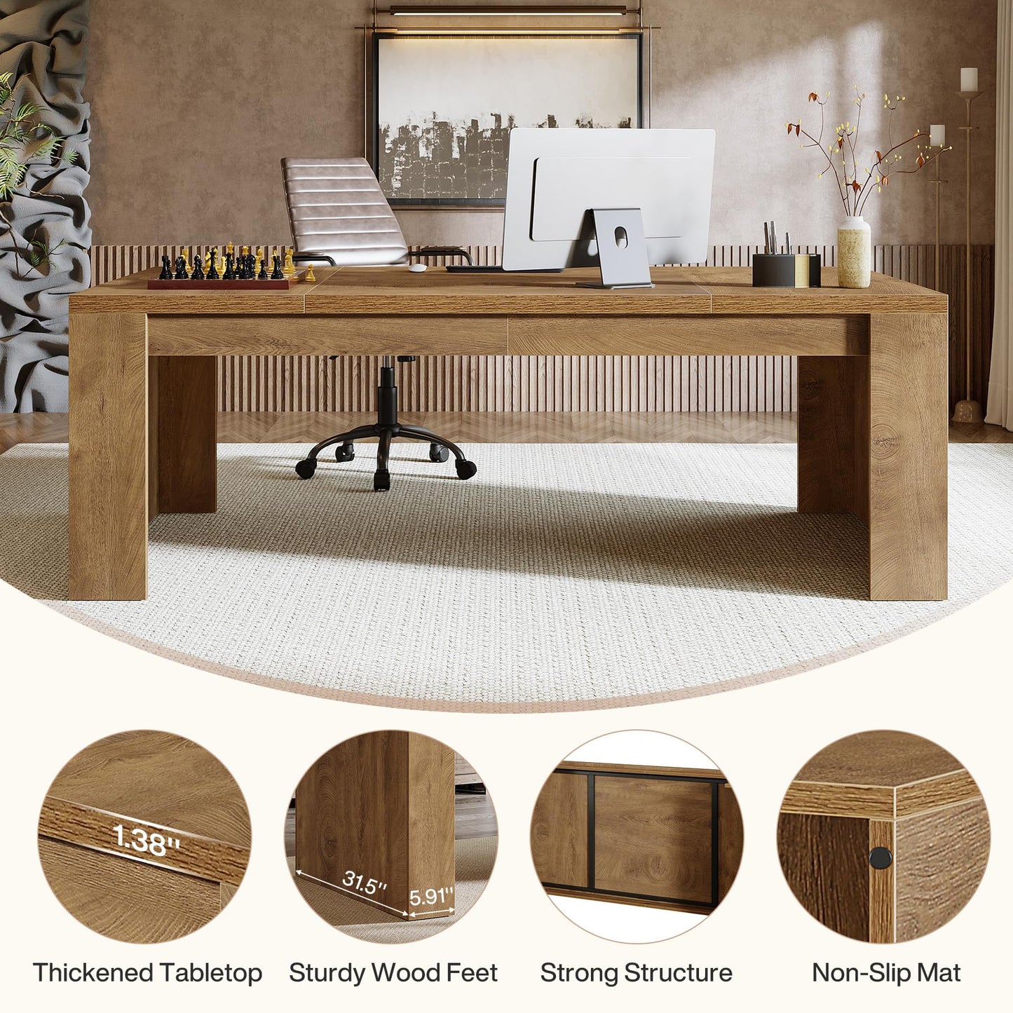 Tribesigns 70.9-Inch Executive Desk, Large Wooden Computer Office Desk with Sturdy Double Pedestal Legs, Writing Table Business Workspace Home Office Furniture for Home Office (Brown)