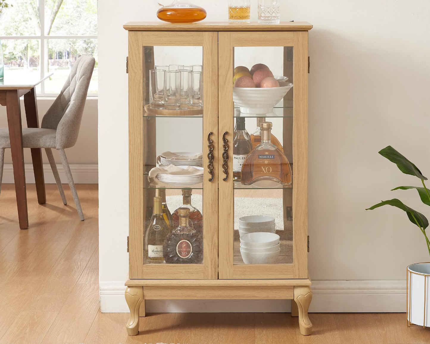 LKTART Curio Glass Display Cabinet,Storage Cabinet with Lights and Mirrored Back Panel,China Cabinet with Tempered Glass Doors and Shelves,Collectible Display Shelf,Included Bulb White