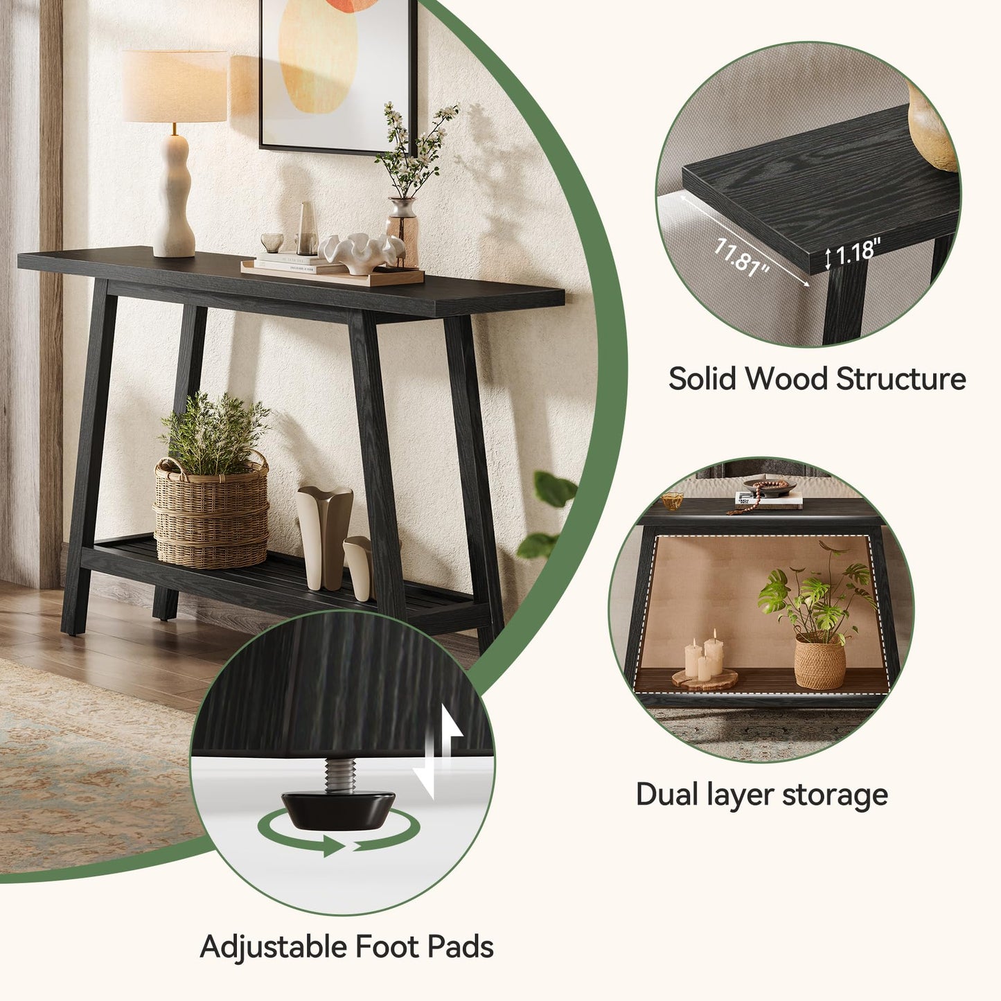 Solid Wood Console Table, 41.3" Rustic Entryway Table with Storage Shelf, 2 Tiers Narrow Skinny Couch Table Behind Sofa for Hallway, Entrance, Foyer, Living Room, Brown (Brown)