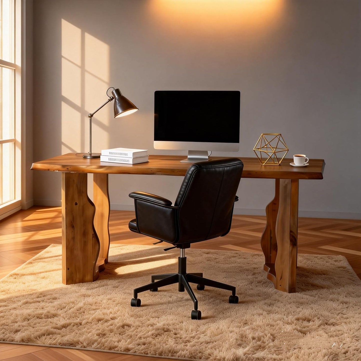 63" Live Edge Rustic Solid Wood Executive Desk, Farmhouse Large Computer Office Desk Workstation for Modern Home Office & Business Furniture