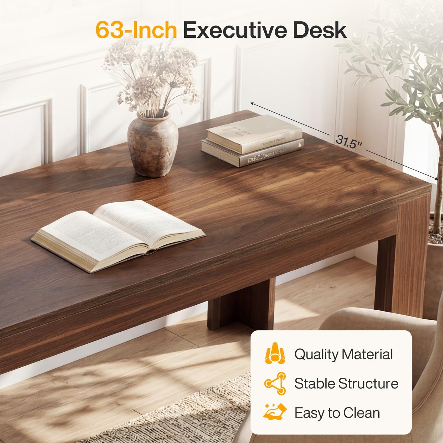 Tribesigns 63-Inch Office Desk, Modern Executive Desk with Large Tabletop, Wooden Computer Desk, Long Workstation for Home Office, Light Brown