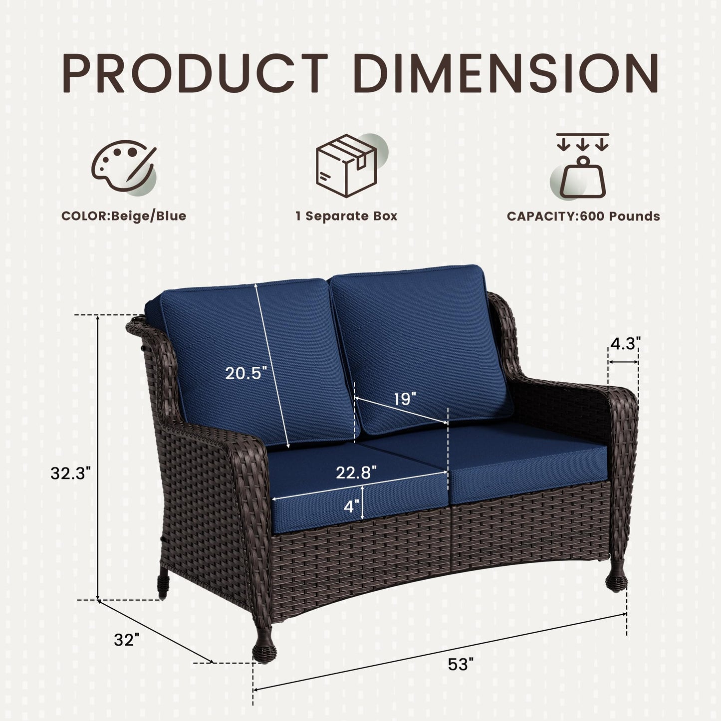 Wicker Patio Loveseat, All-Weather Rattan 2-Seat Sofa with Cushions, Outdoor Patio Furniture Set for Patio, Balcony, Backyard, Deck, Poolside