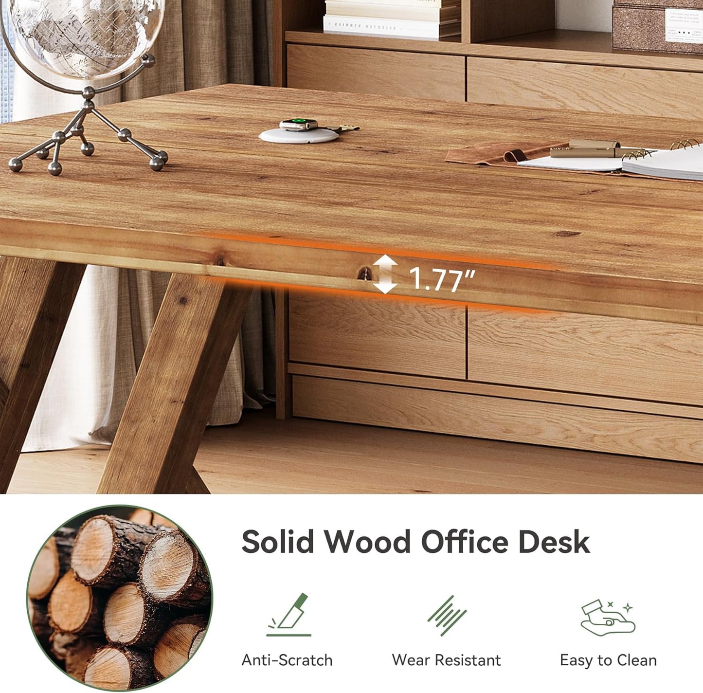 63" Solid Wood Executive Desk for Home Office, Farmhouse Wooden Large Office Computer Desk, Writing Study Table Business Workstation with X Shaped Legs, Rustic Brown