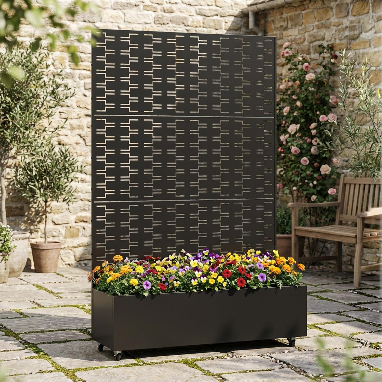 Metal Raised Garden Bed with Trellis and Wheels, 71"x47"x16" Planter Box with Privacy Screen & Drainage Holes, Arched Outdoor Garden Bed for Climbing Plants, Vegetables, Flowers (Black-Square)
