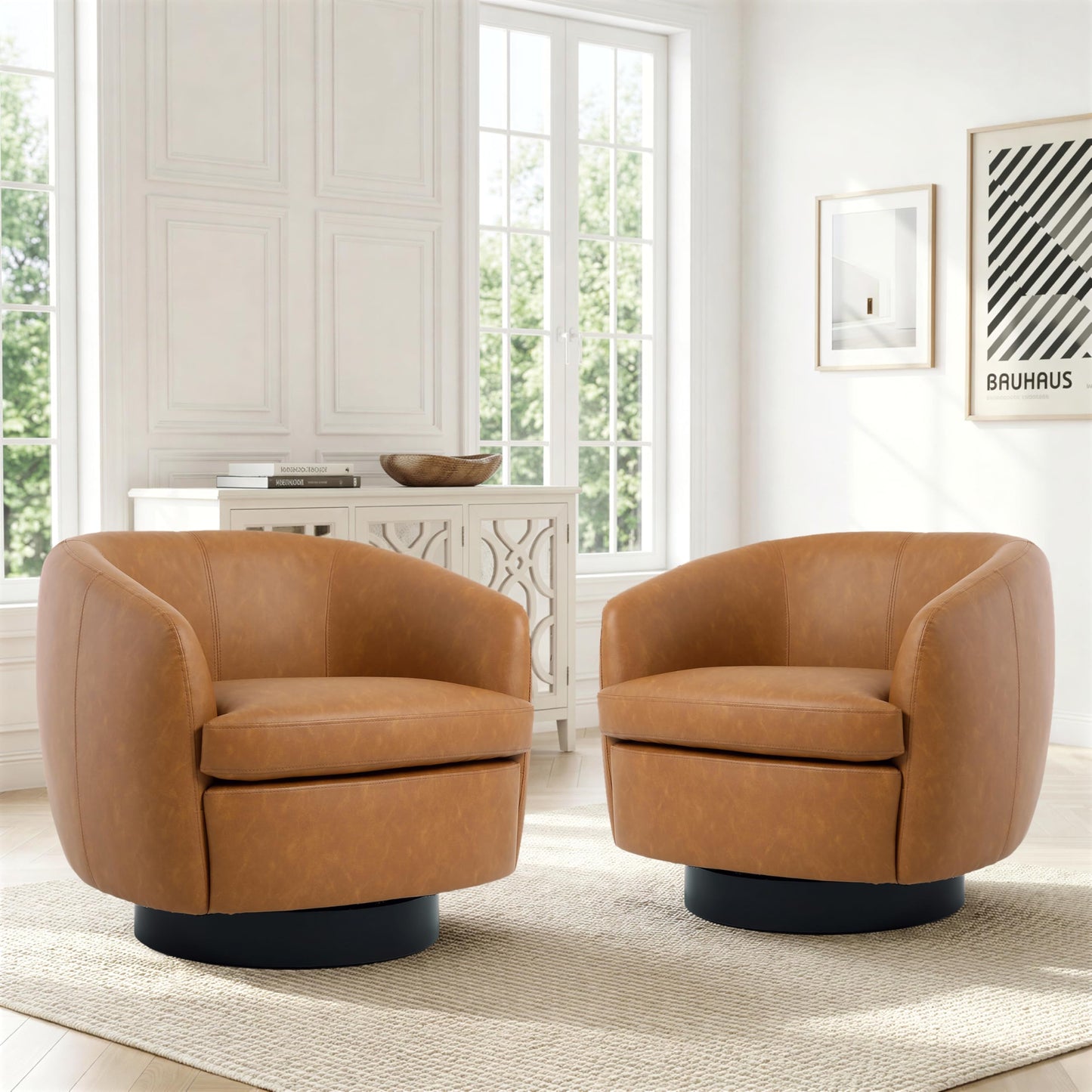 Faux Leather Swivel Barrel Chair, Modern Round Swivel Accent Chair with 360° Rotation, Upholstered Armchair Club Chair for Living Room Bedroom Office (Light Brown)